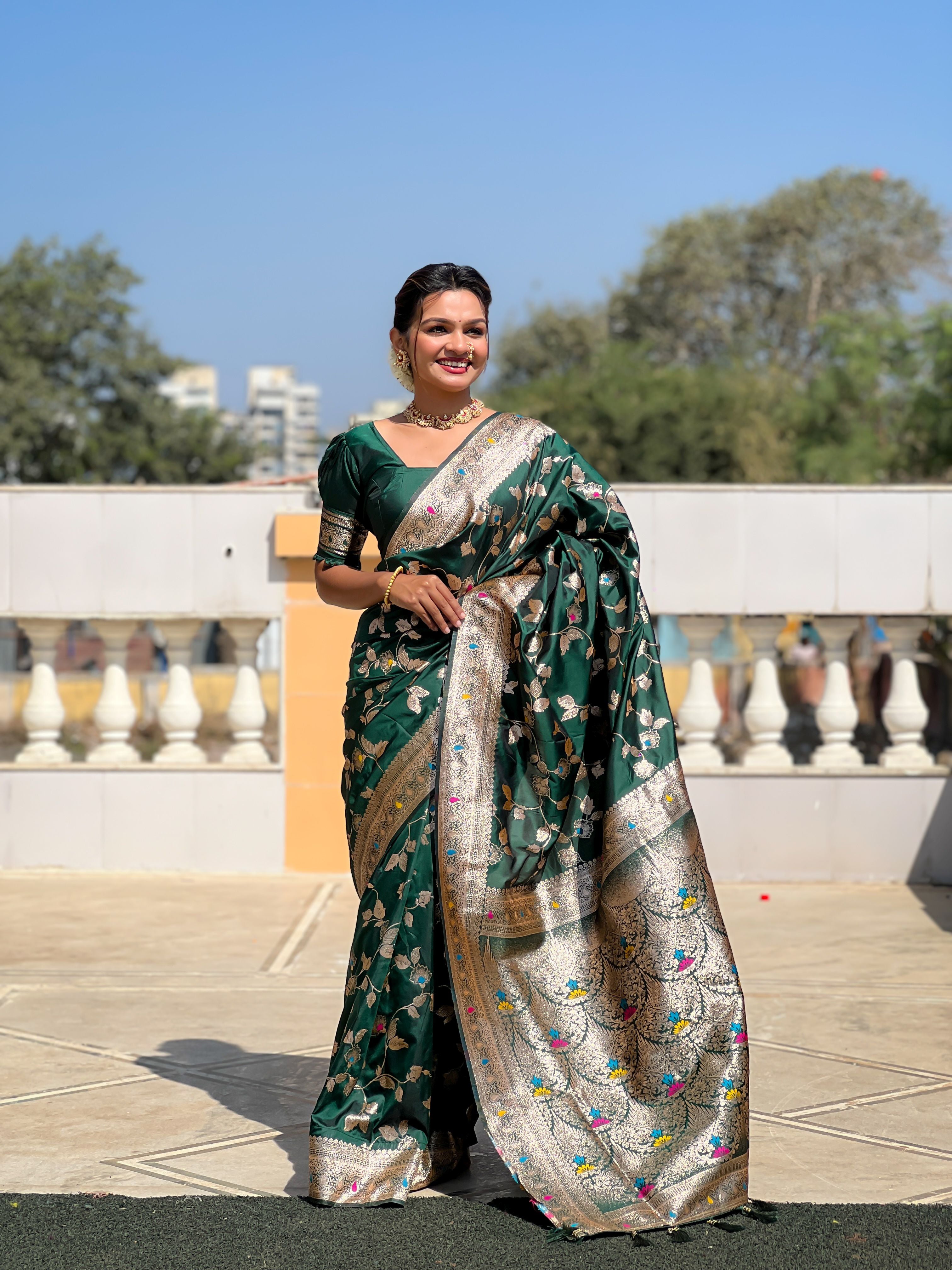 Green Banarasi Silk Woven Jacquard Designer Ceremonial Partywear Saree