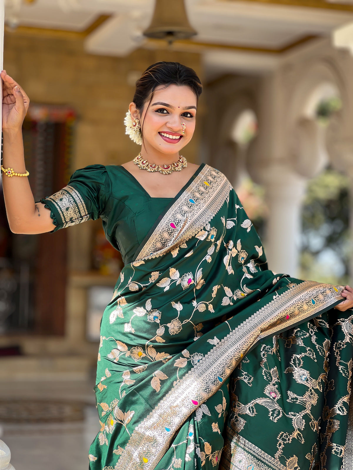 Green Banarasi Silk Woven Jacquard Designer Ceremonial Partywear Saree