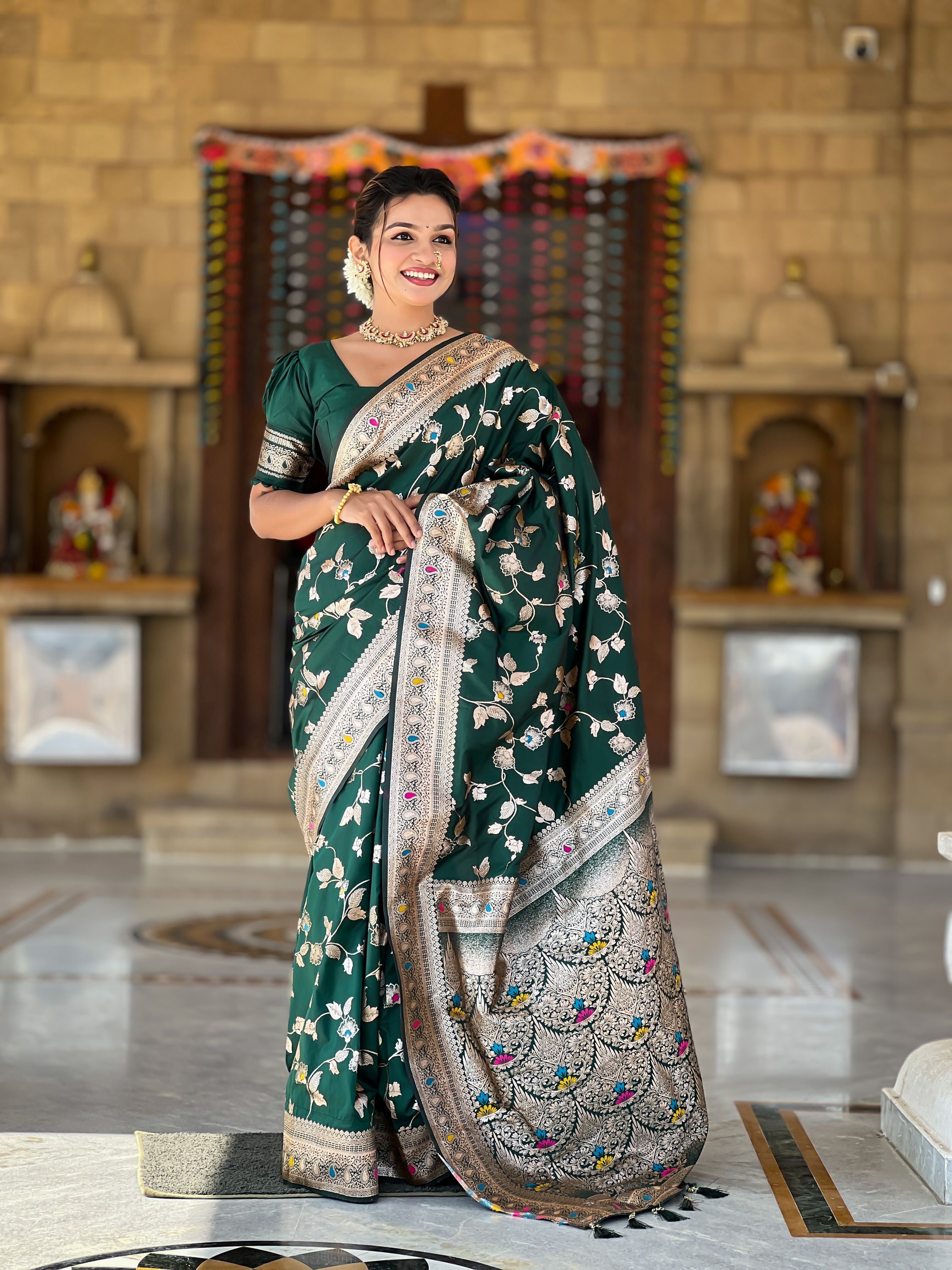 Green Banarasi Silk Woven Jacquard Designer Ceremonial Partywear Saree