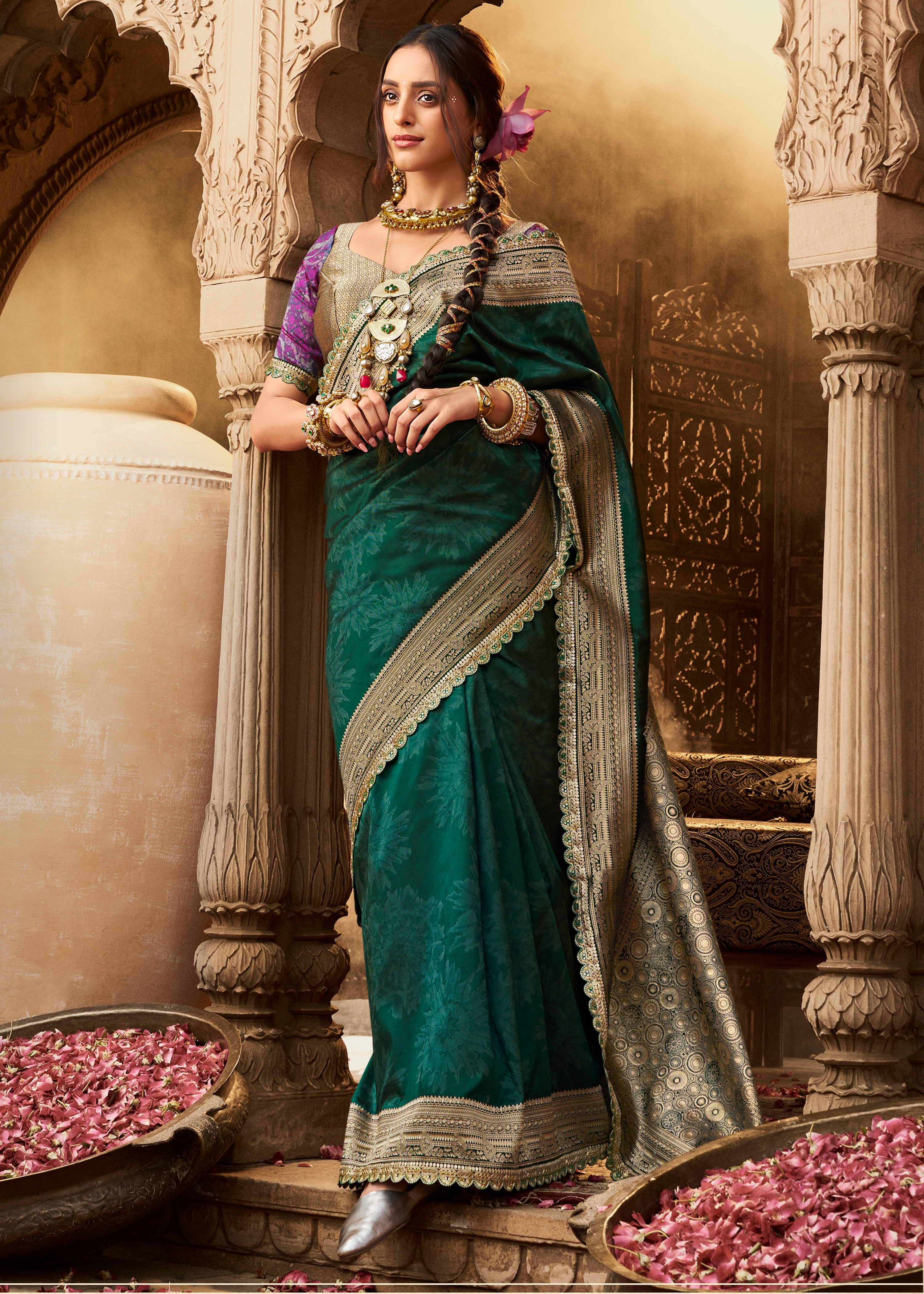 Green Banarasi Soft Silk Saree with Woven Lace Border