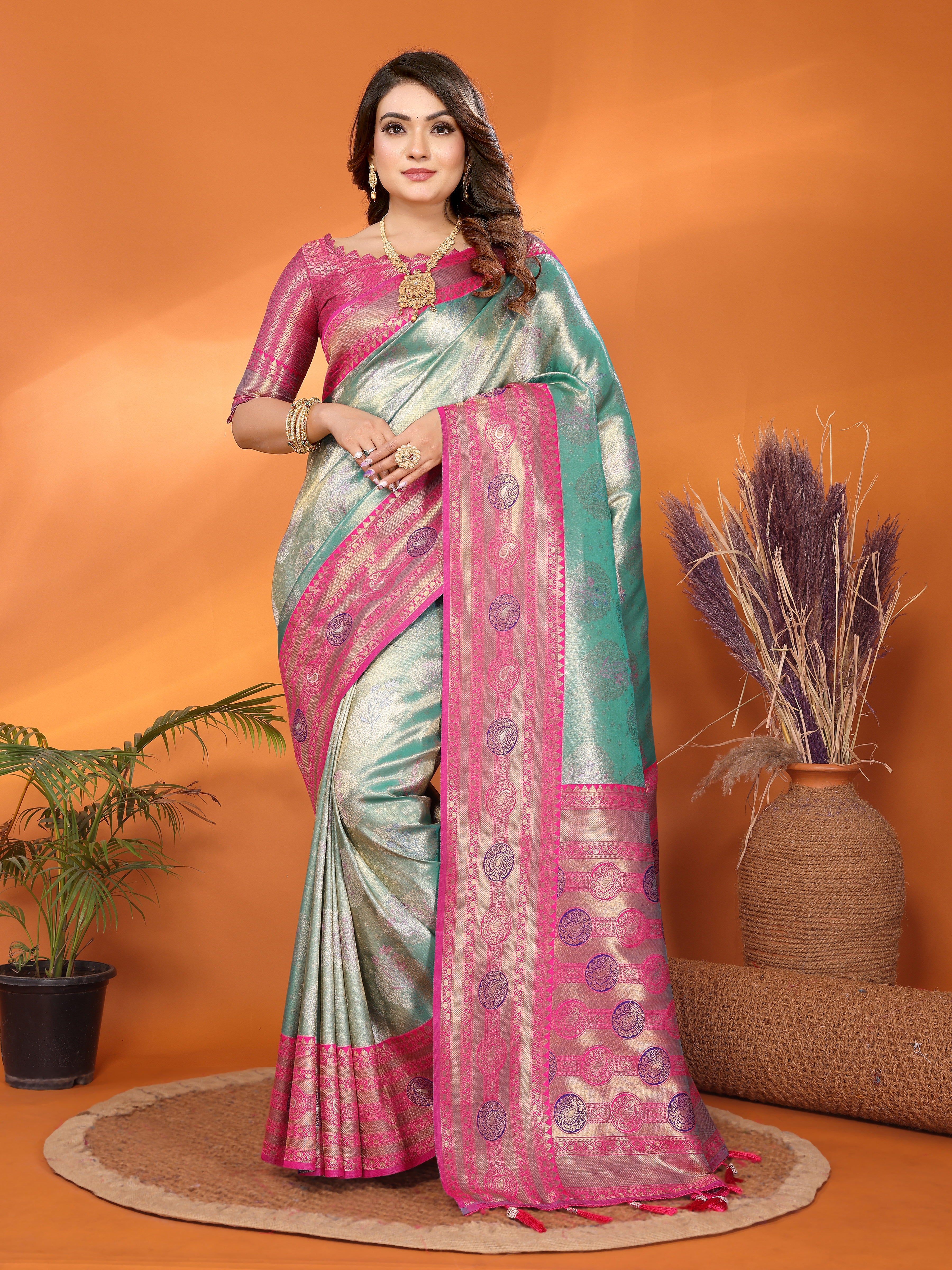 Green Banarasi Tissue Silk Saree With Woven Paithani Designer