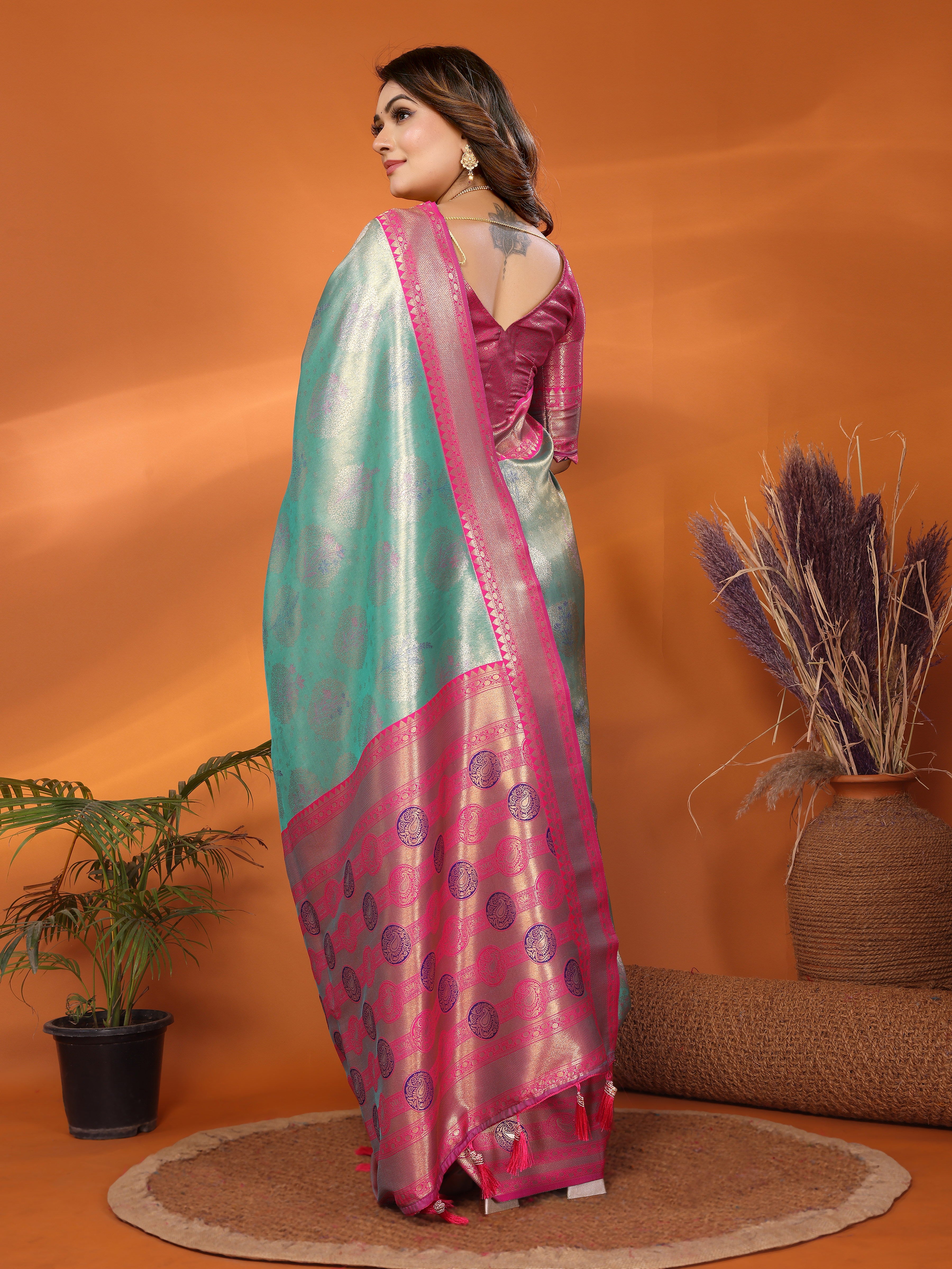 Green Banarasi Tissue Silk Saree With Woven Paithani Designer