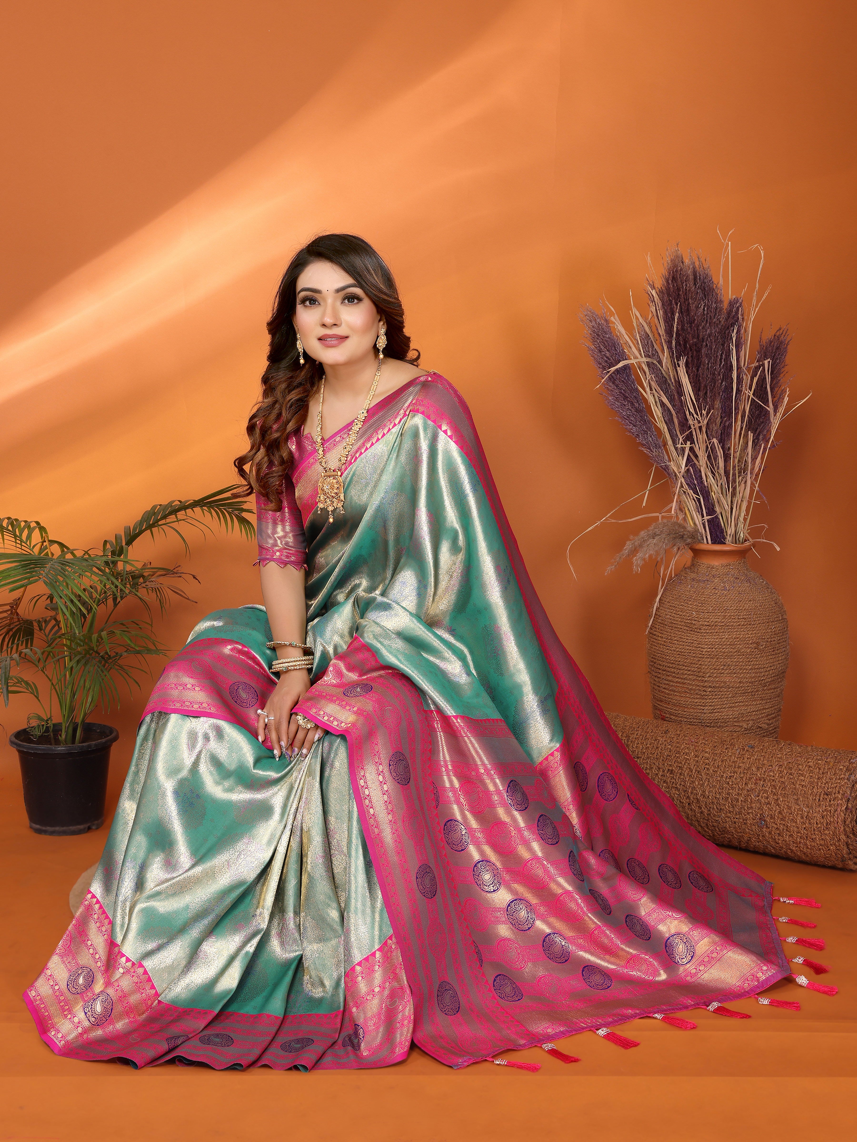 Green Banarasi Tissue Silk Saree With Woven Paithani Designer