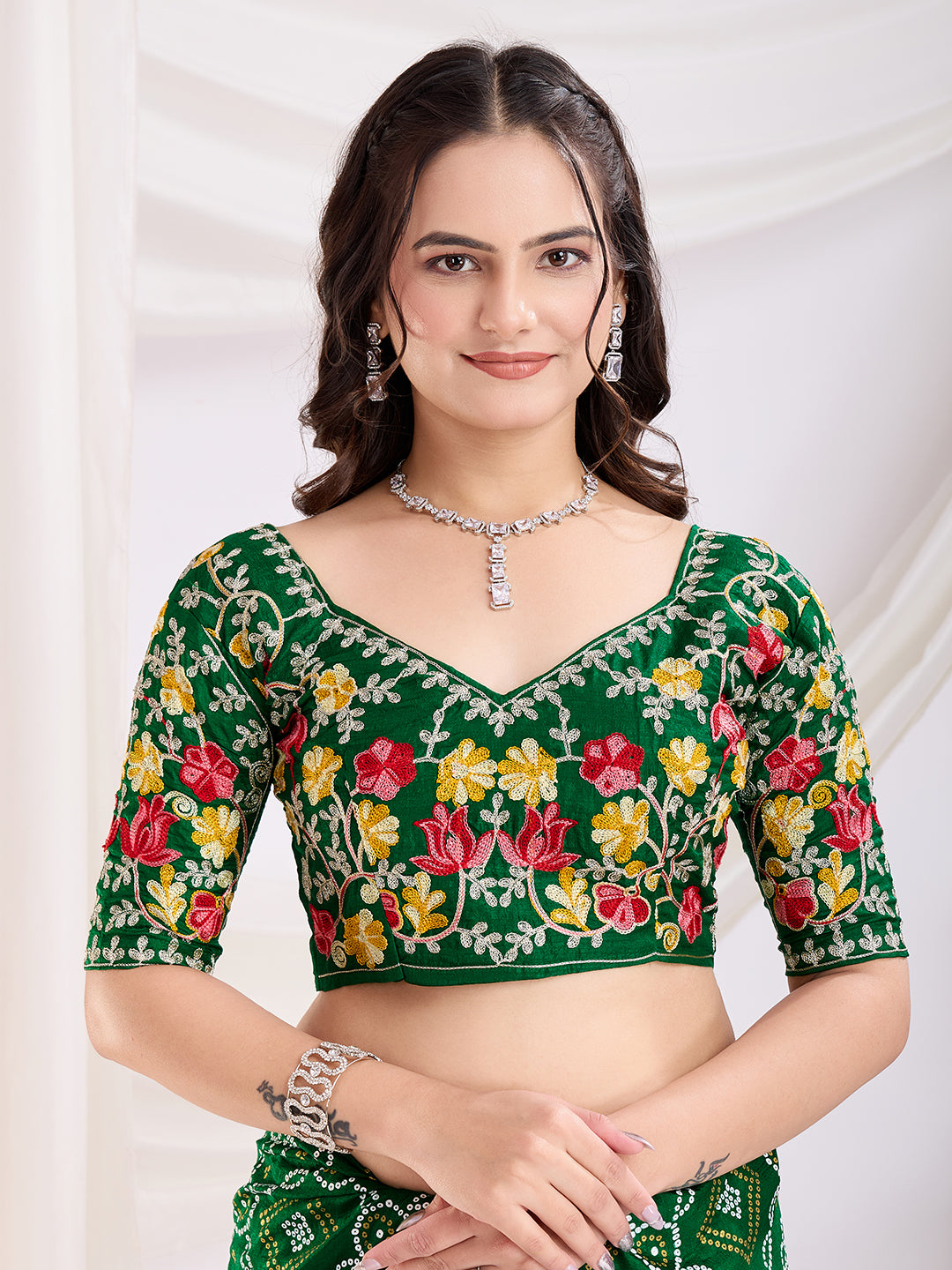 Green Bandhani Printed With Embroidery Work Beautiful Ceremonial Saree