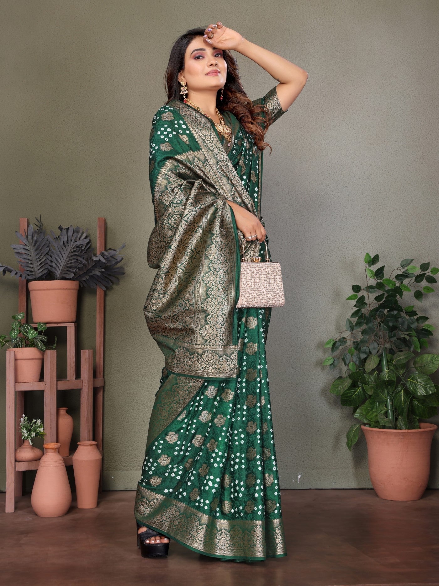 Green Bandhej Silk Saree With Premium Zari Weaving