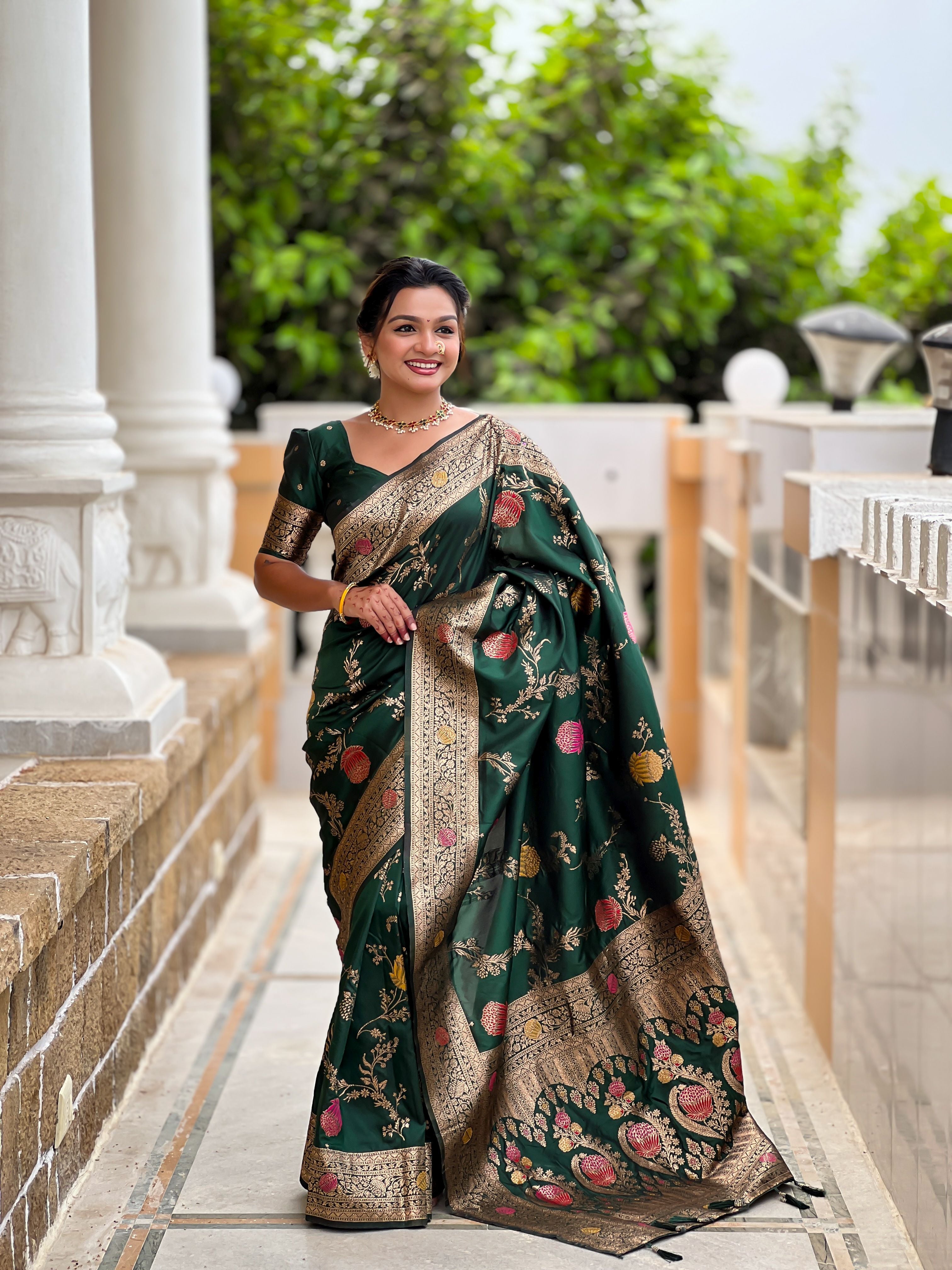 Green Beautiful Banarasi Silk Woven Meenakari Designer Graceful Ethnic Saree