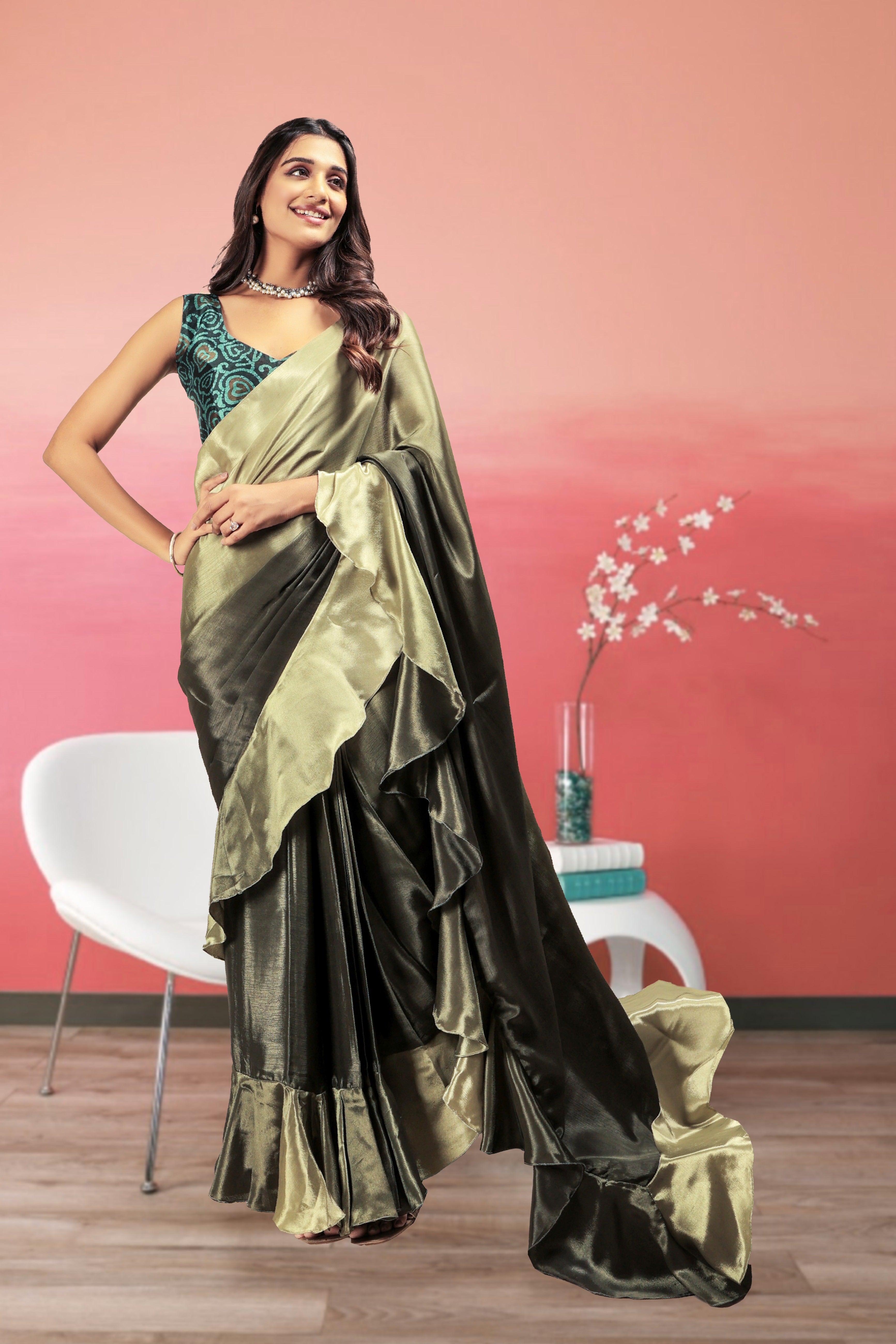 Green Beautiful Bollywood Style Satin Partywear Saree