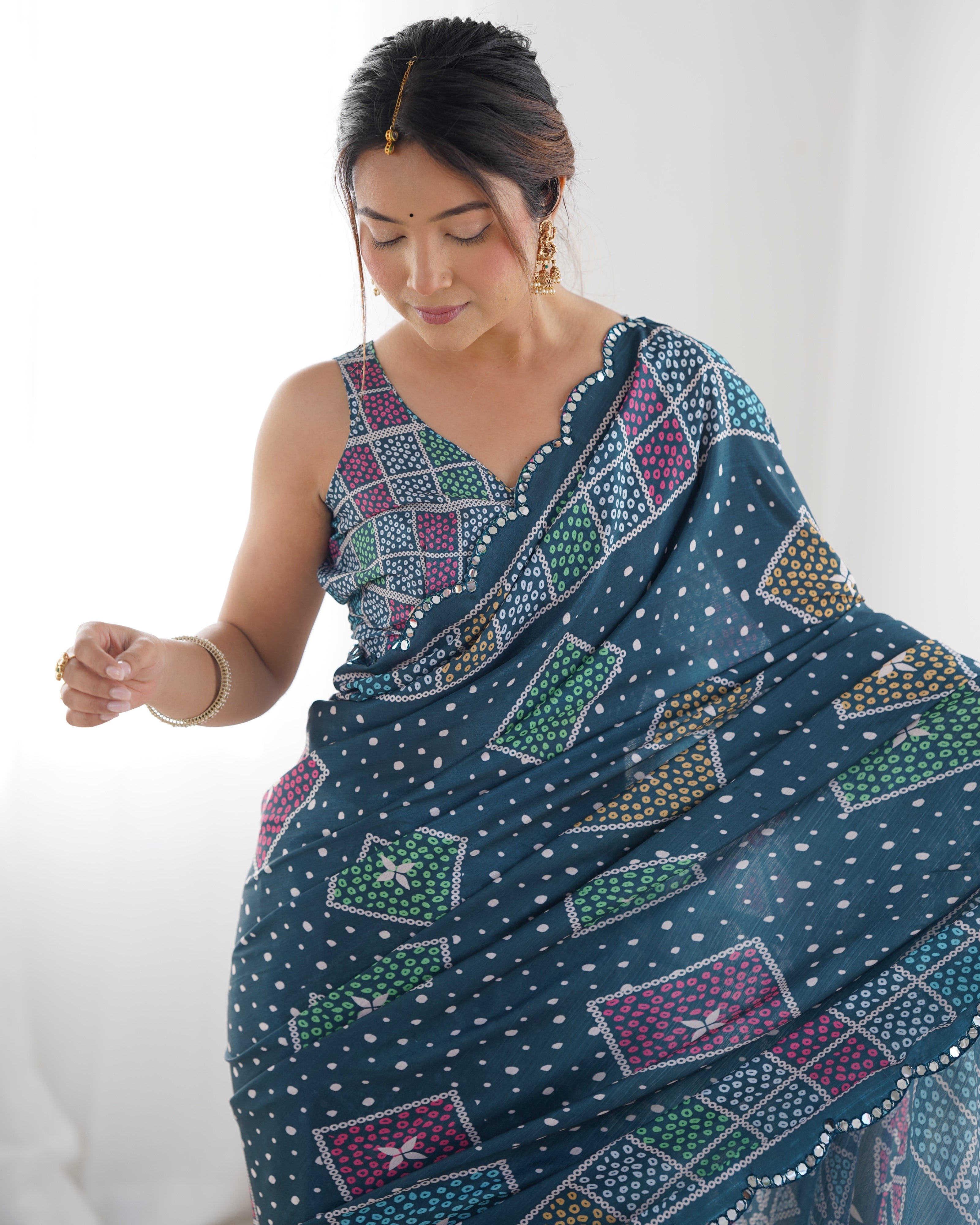 Green Beautiful Chinon Fabric Digital Printed Saree With Mirror Cut Work