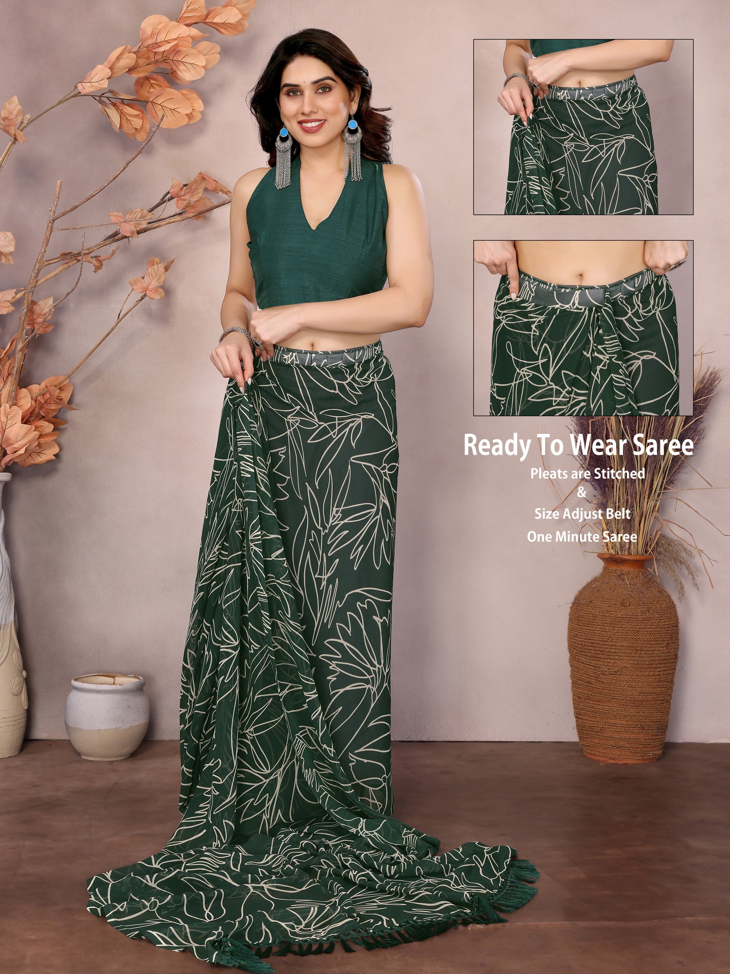 Green Beautiful Designer Printed Ready To Wear Saree For Fancy Looks