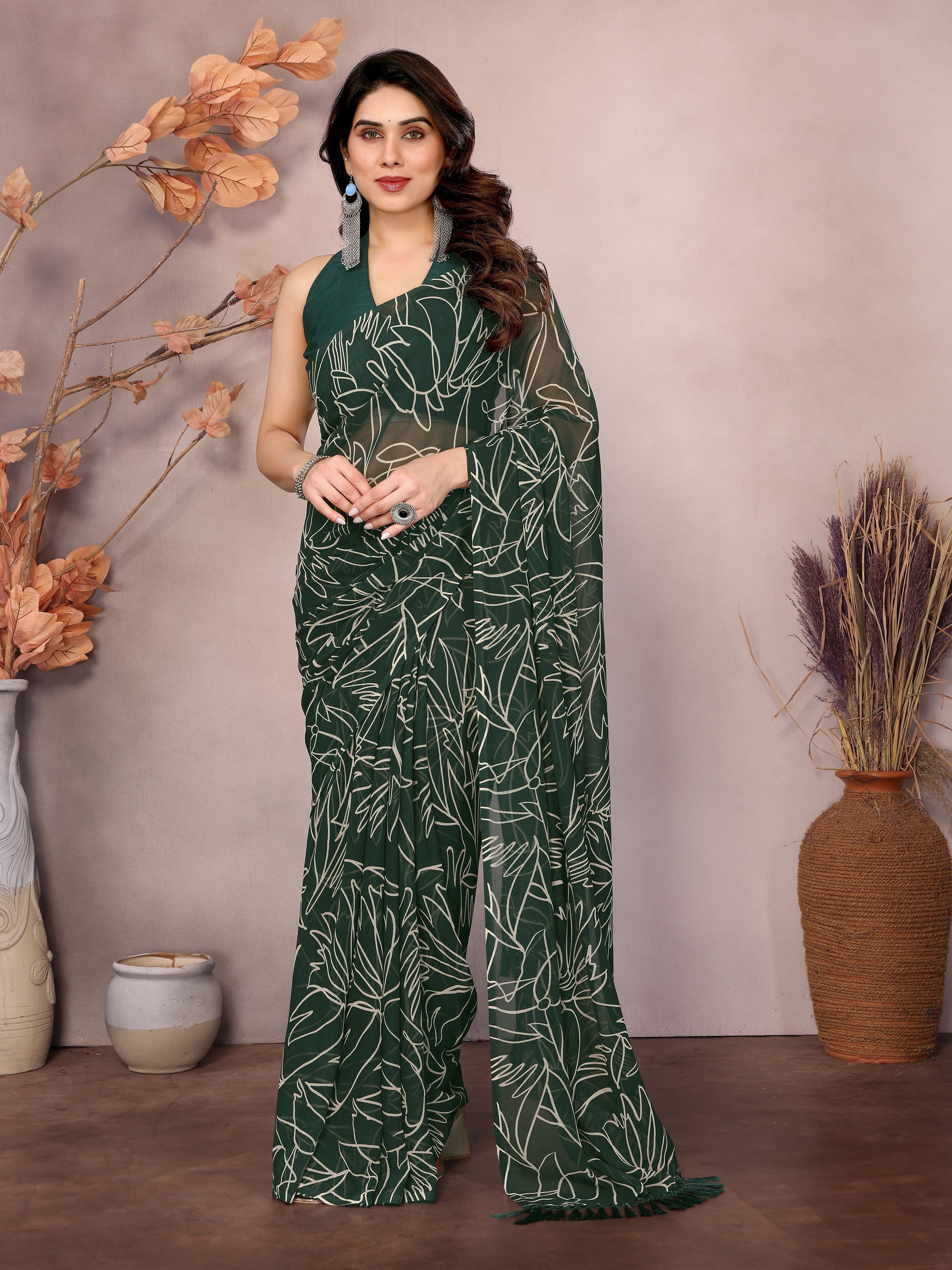 Green Beautiful Designer Printed Ready To Wear Saree For Fancy Looks