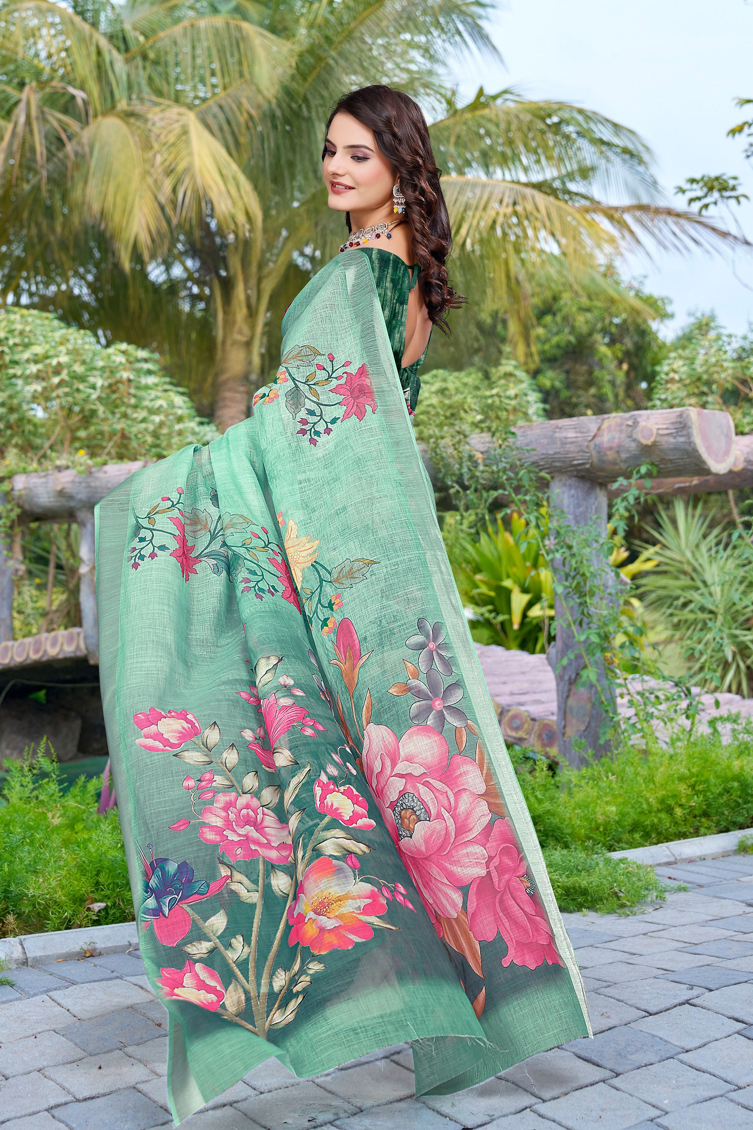 Green Beautiful Designer Printed Saree With Woven Border