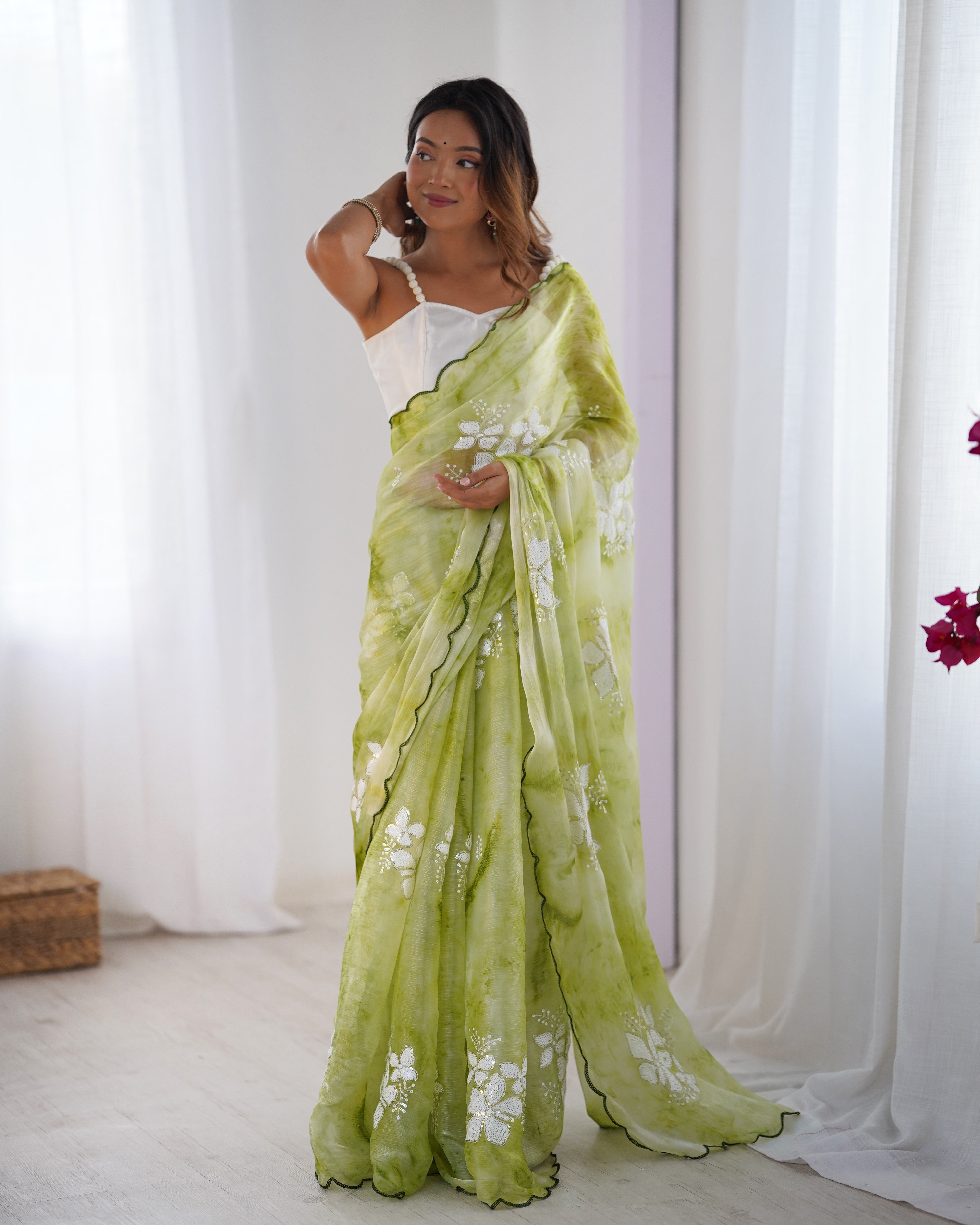 Green Beautiful Jimmy Choo Sequins Embroidered Ethnic Girlie Saree