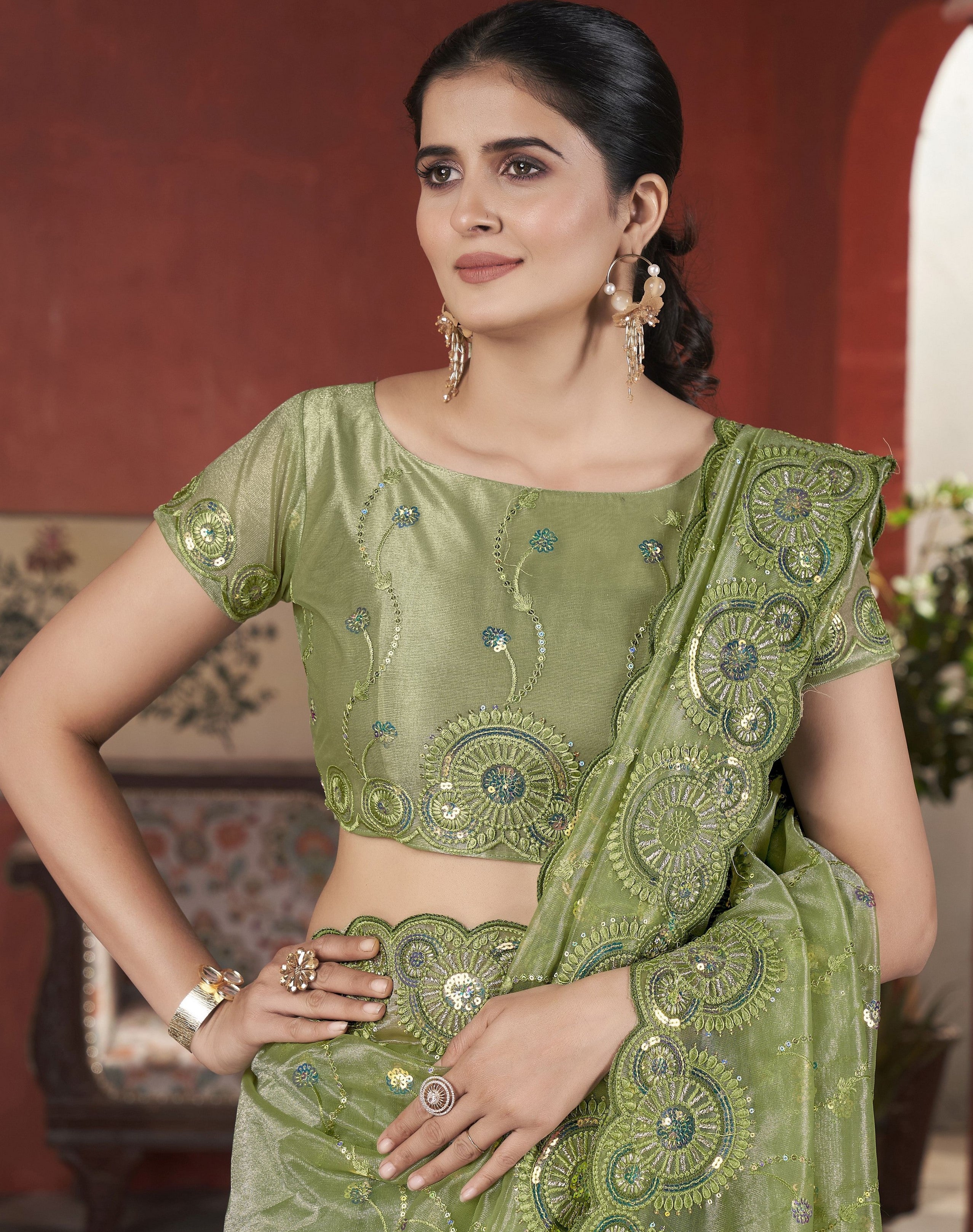 Green Beautiful Tissue Net Sequins Work Saree
