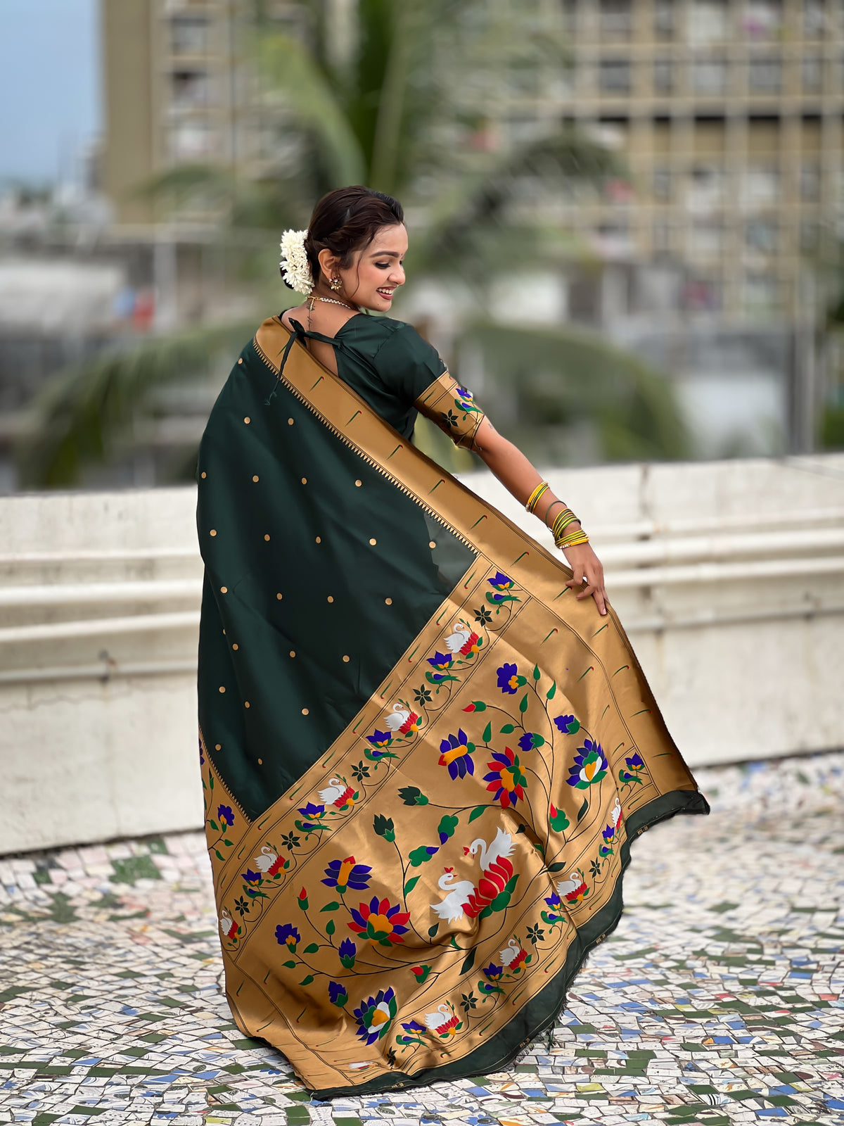 Green Beautiful Woven Meenakari Polka Designer Paithani Silk Ethnic Graceful Saree