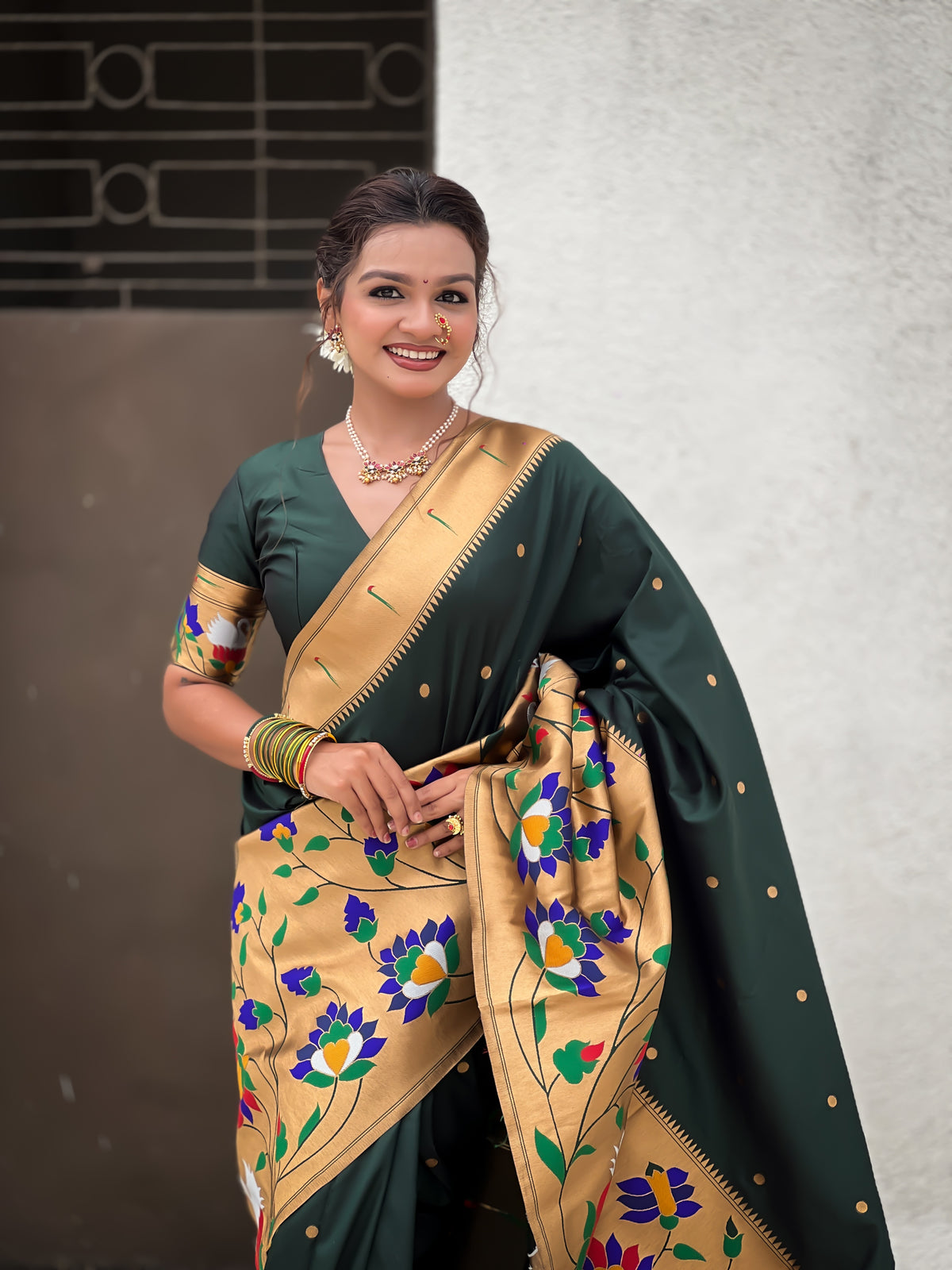 Green Beautiful Woven Meenakari Polka Designer Paithani Silk Ethnic Graceful Saree