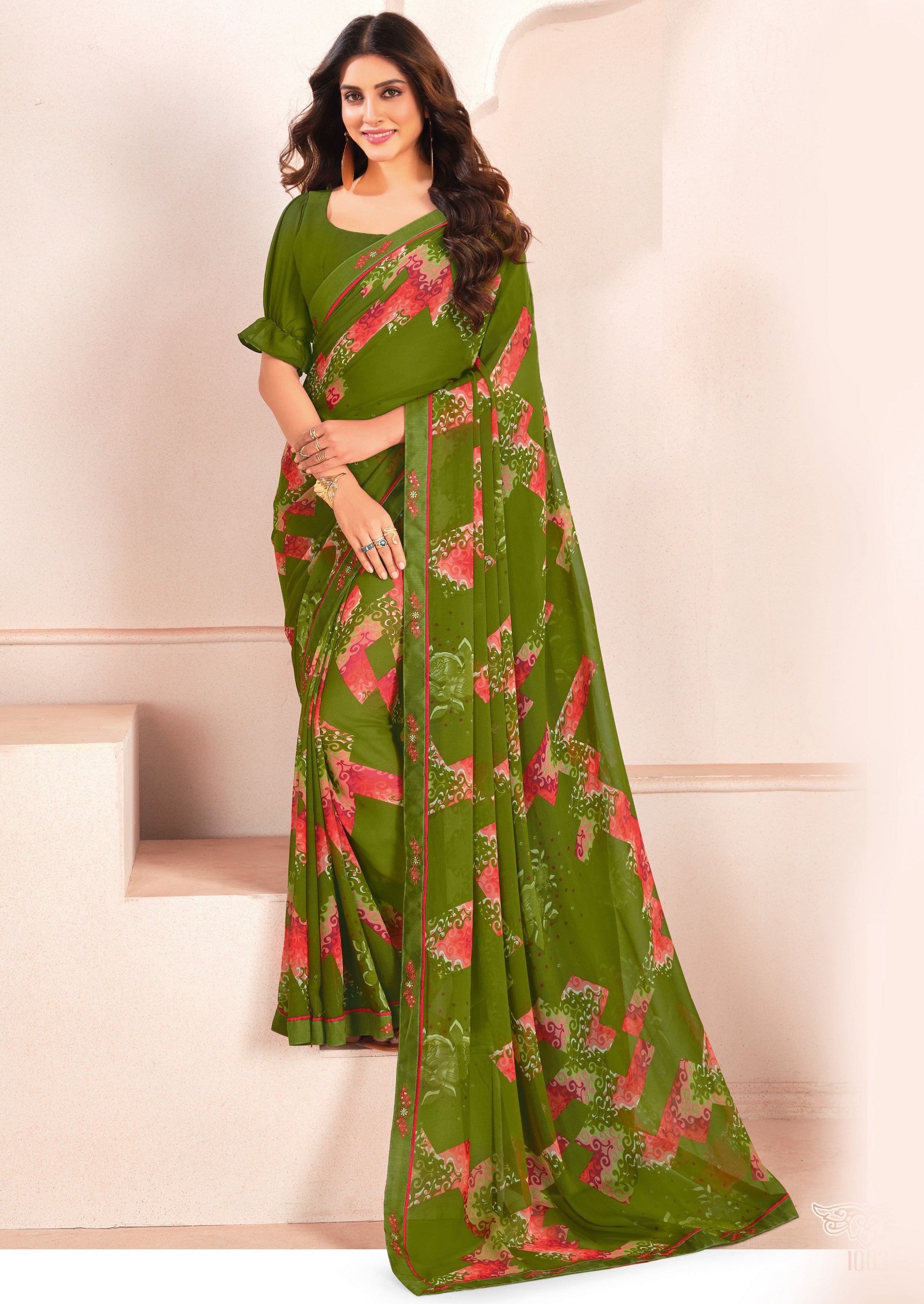 Green Bemberg Georgette Elegant Designer Digital Printed Ceremonial Classy Saree