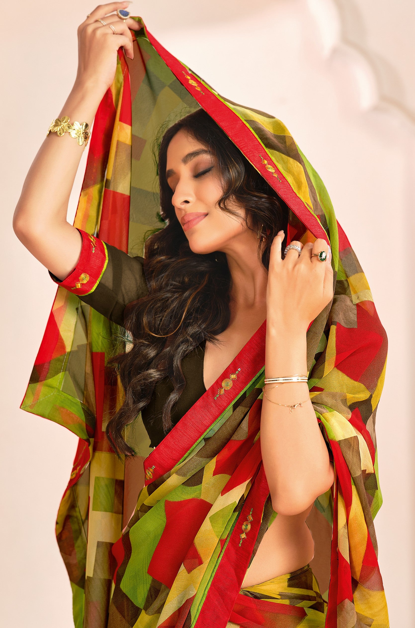 Green Bemberg Georgette Elegant Designer Digital Printed Ceremonial Classy Saree