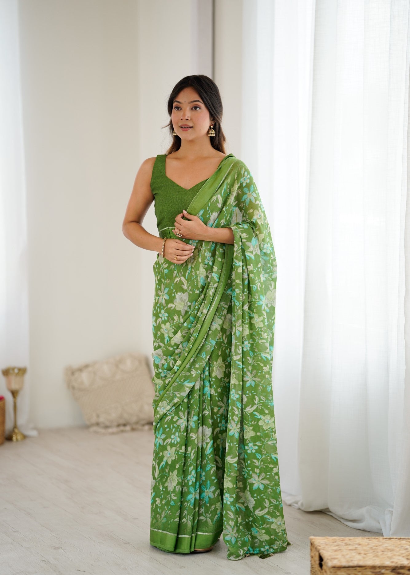 Green Bright Moss Satin Patta Saree With Embroidery Work
