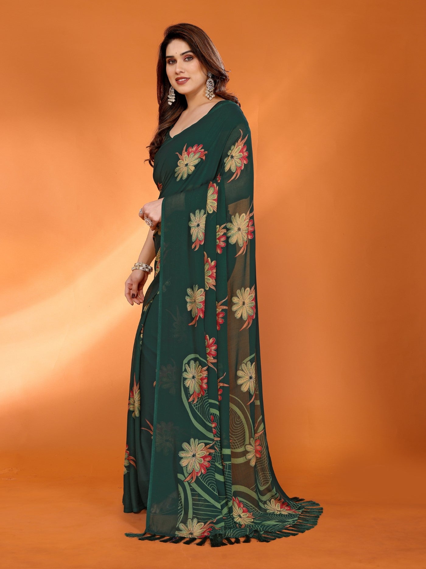 Green Bright Moss Satin Patta Saree With Printed Design