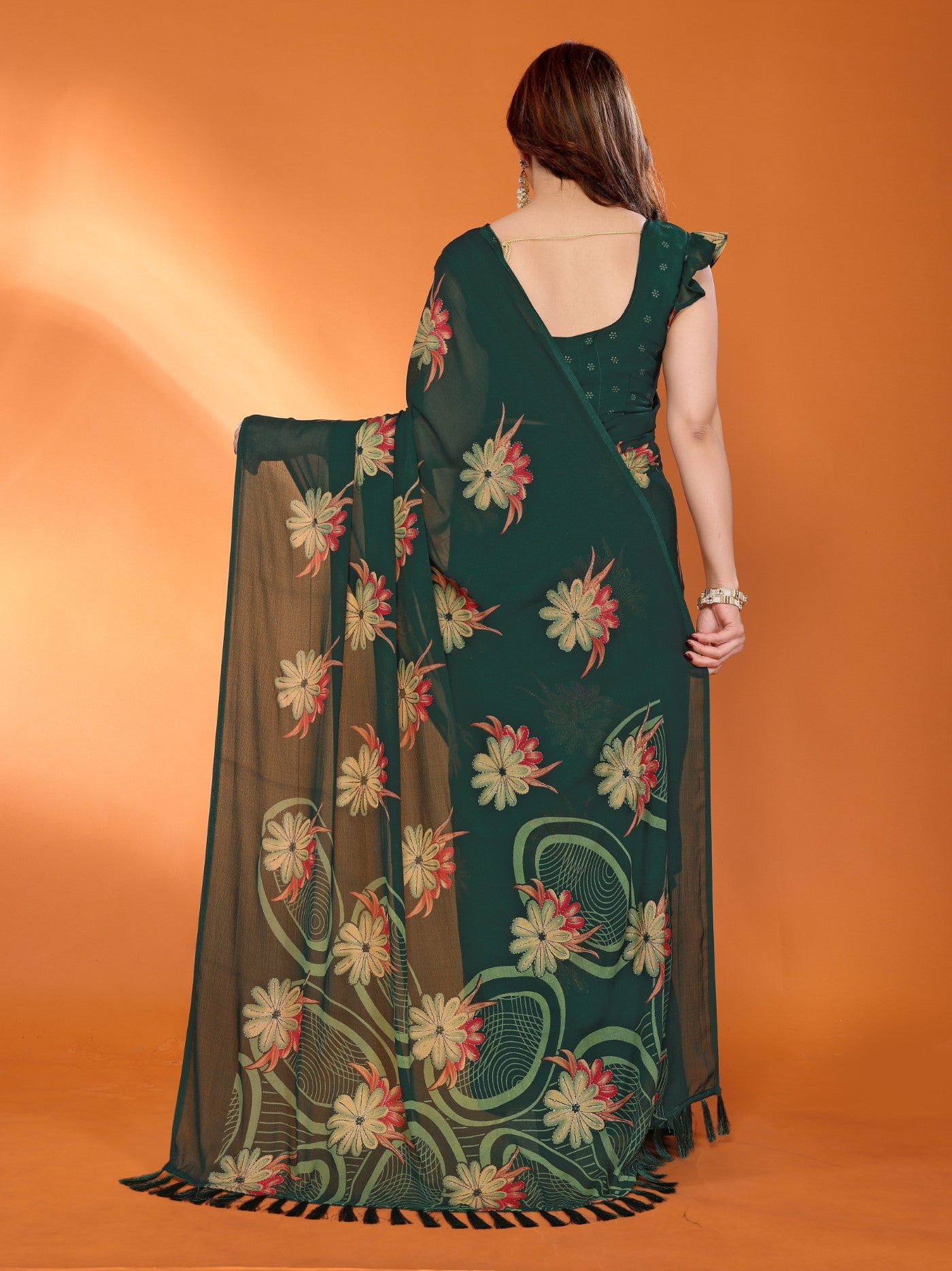 Green Bright Moss Satin Patta Saree With Printed Design