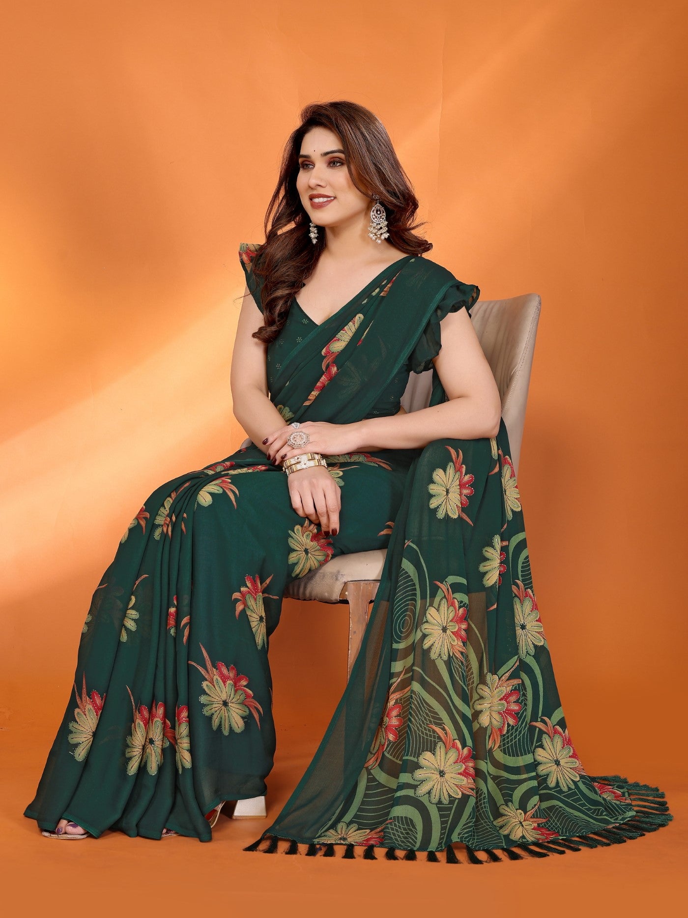 Green Bright Moss Satin Patta Saree With Printed Design
