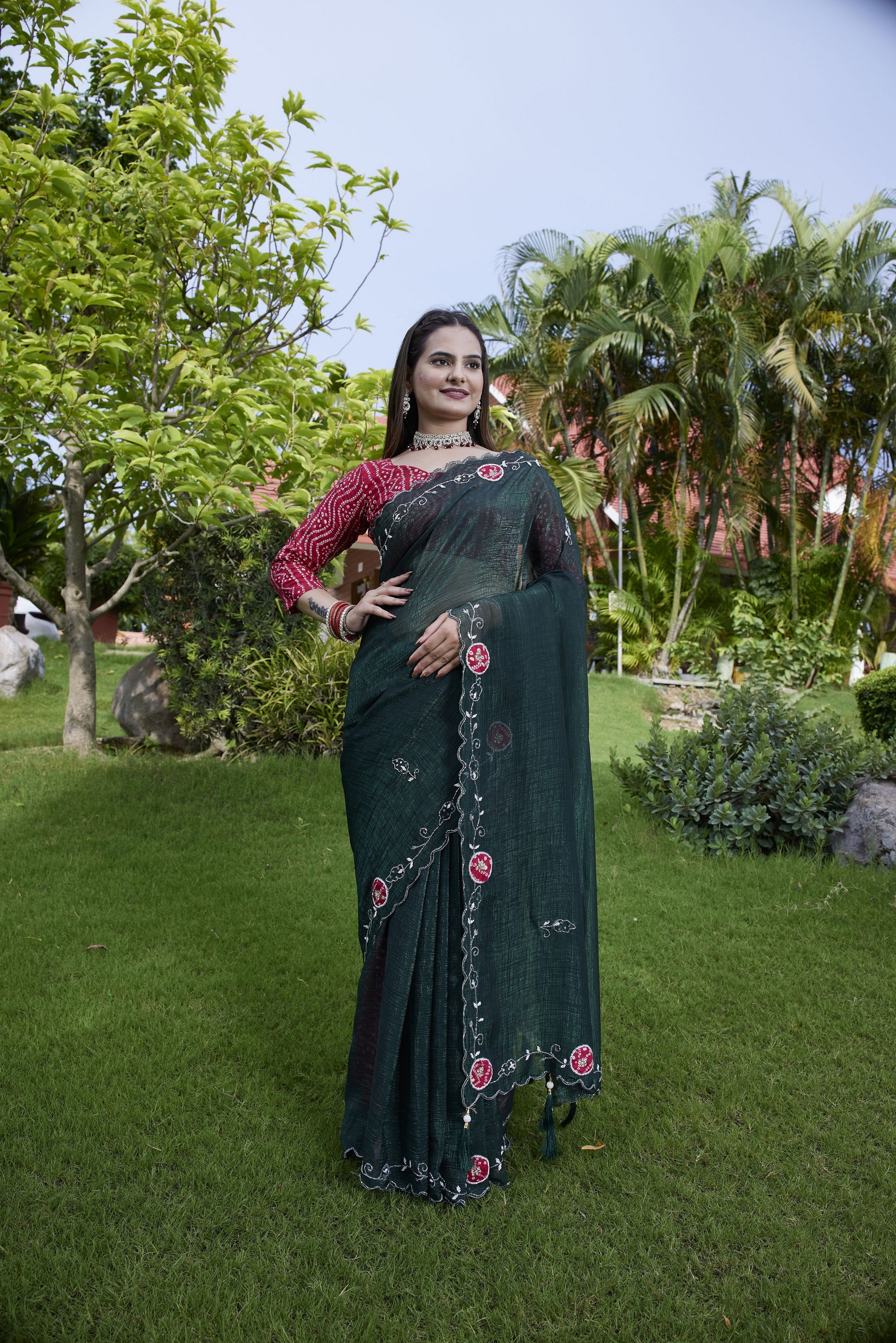Green Chiffon Beautiful Heavy Traditonal Rich Festive Saree