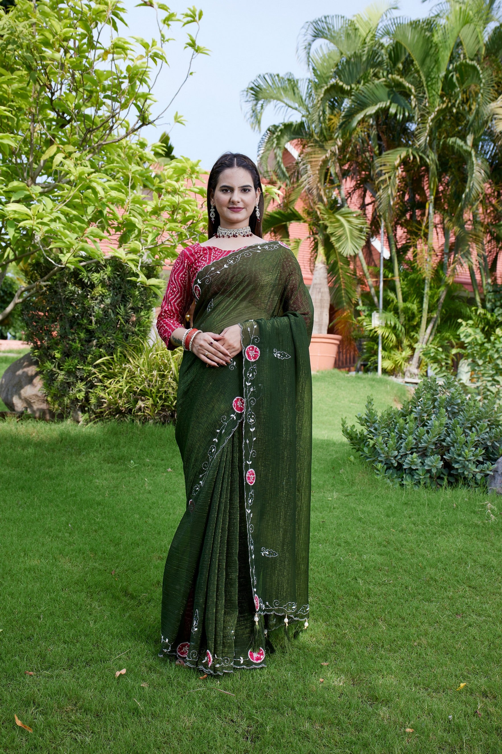 Green Chiffon Beautiful Heavy Traditonal Rich Festive Saree