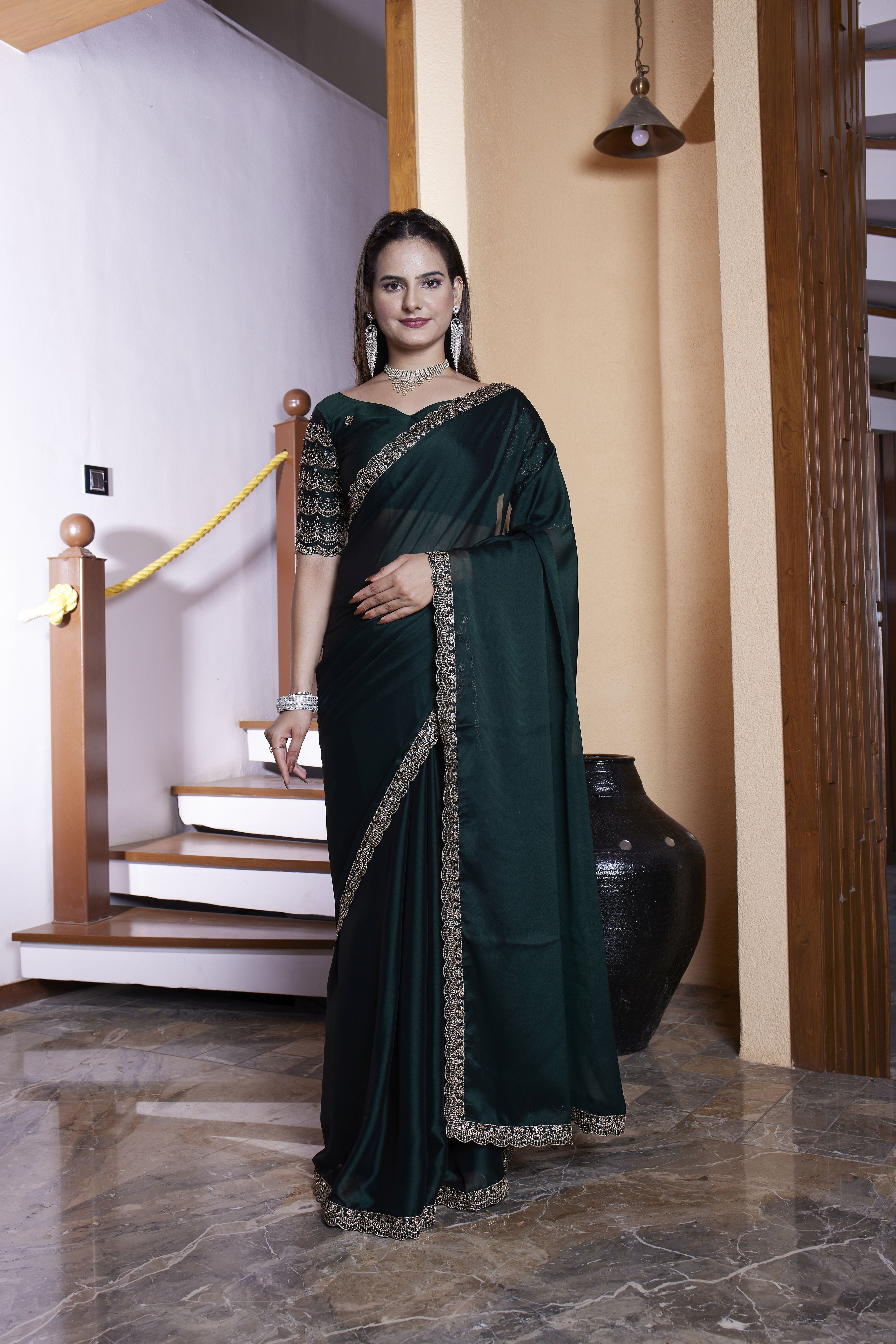 Green Chiffon Designer Embroidered Ceremonial Saree