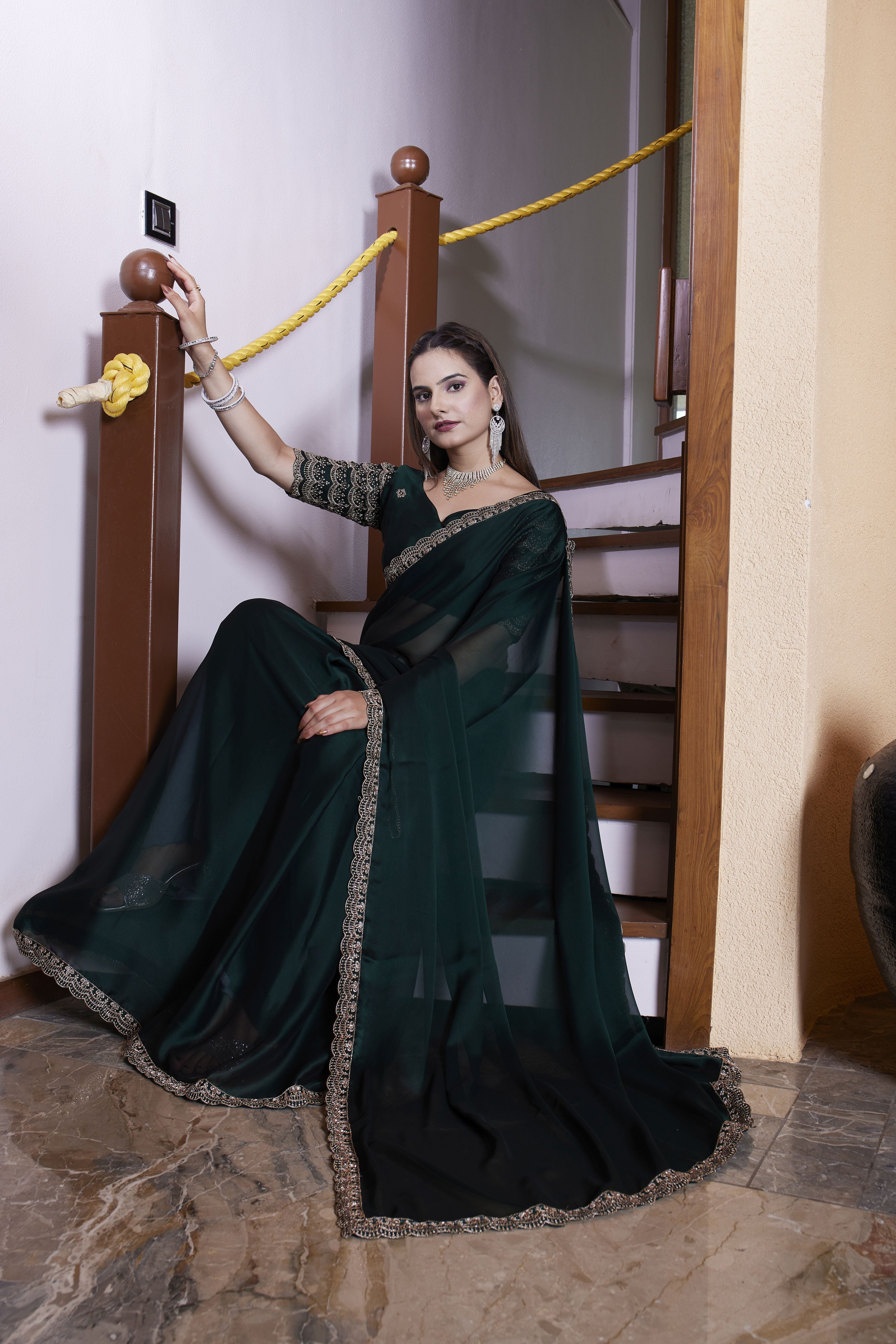 Green Chiffon Designer Embroidered Ceremonial Saree