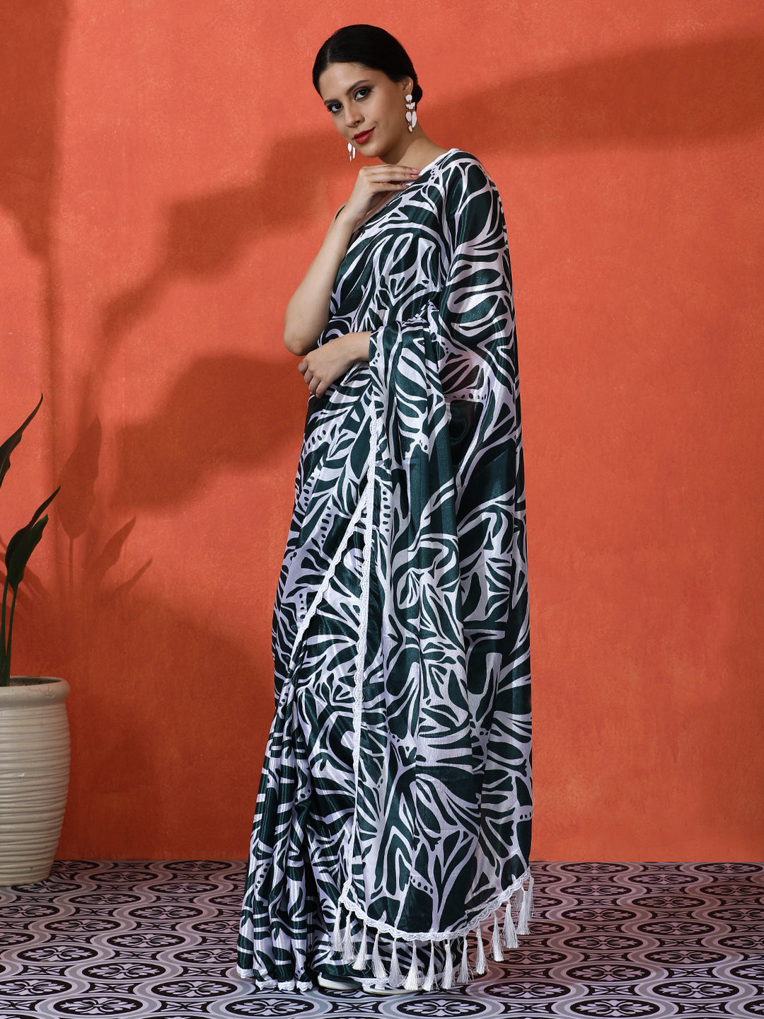 Green Chinon Designer Digital Printed Saree For Ceremonial Looks