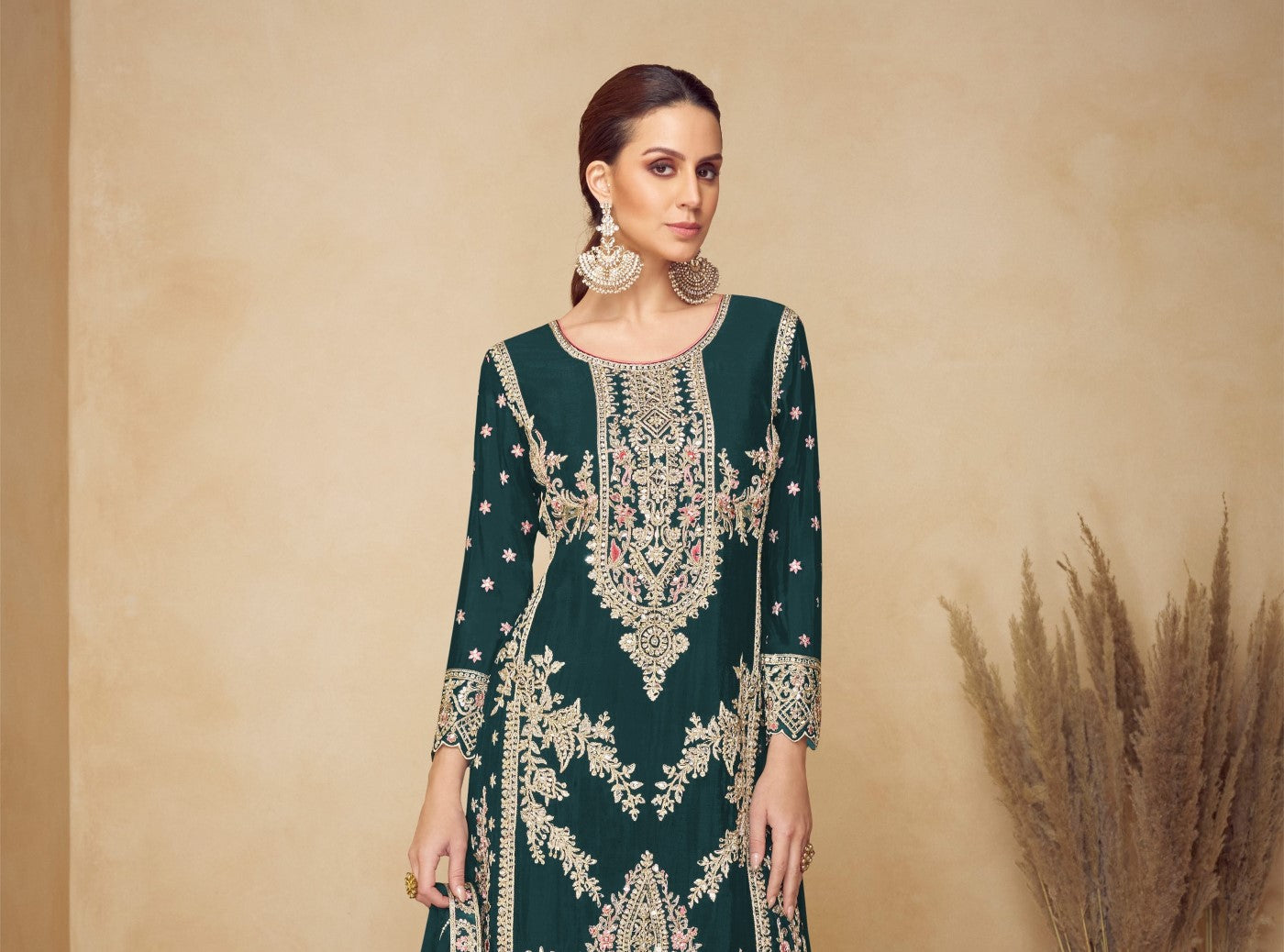 Green Chinon Designer Suit Set With Elegant Embroidery