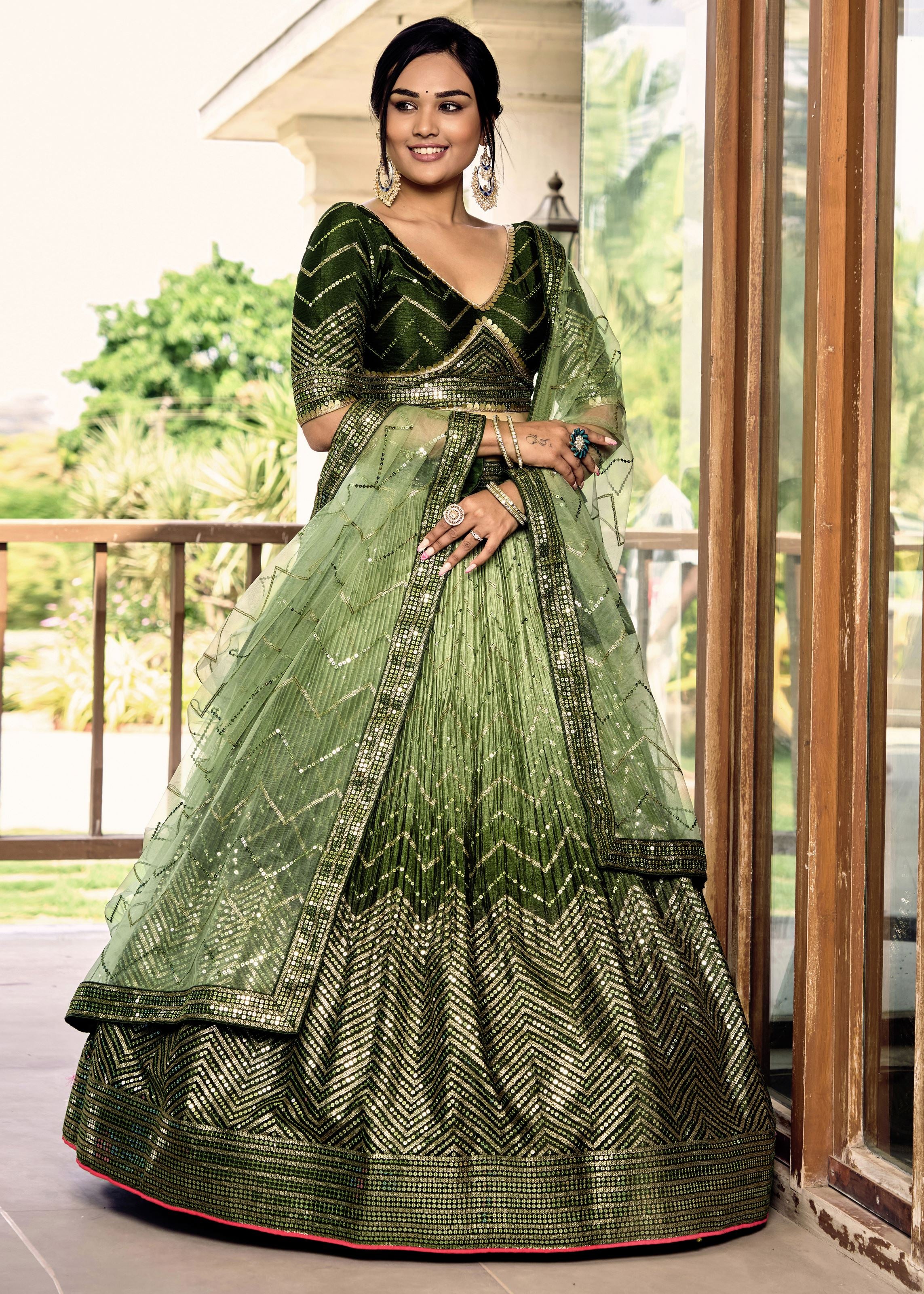 Green Chinon Lehenga Choli With Sequins, Thread Embroidery Work