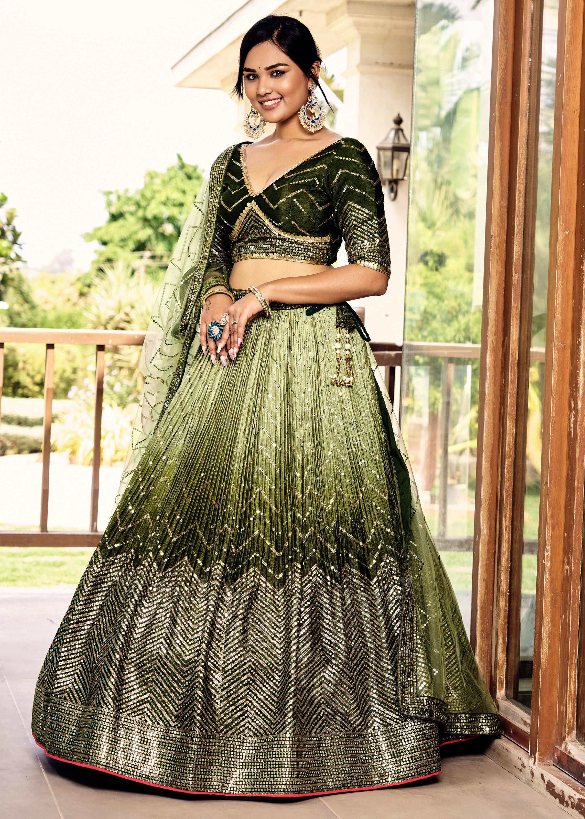 Green Chinon Lehenga Choli With Sequins, Thread Embroidery Work