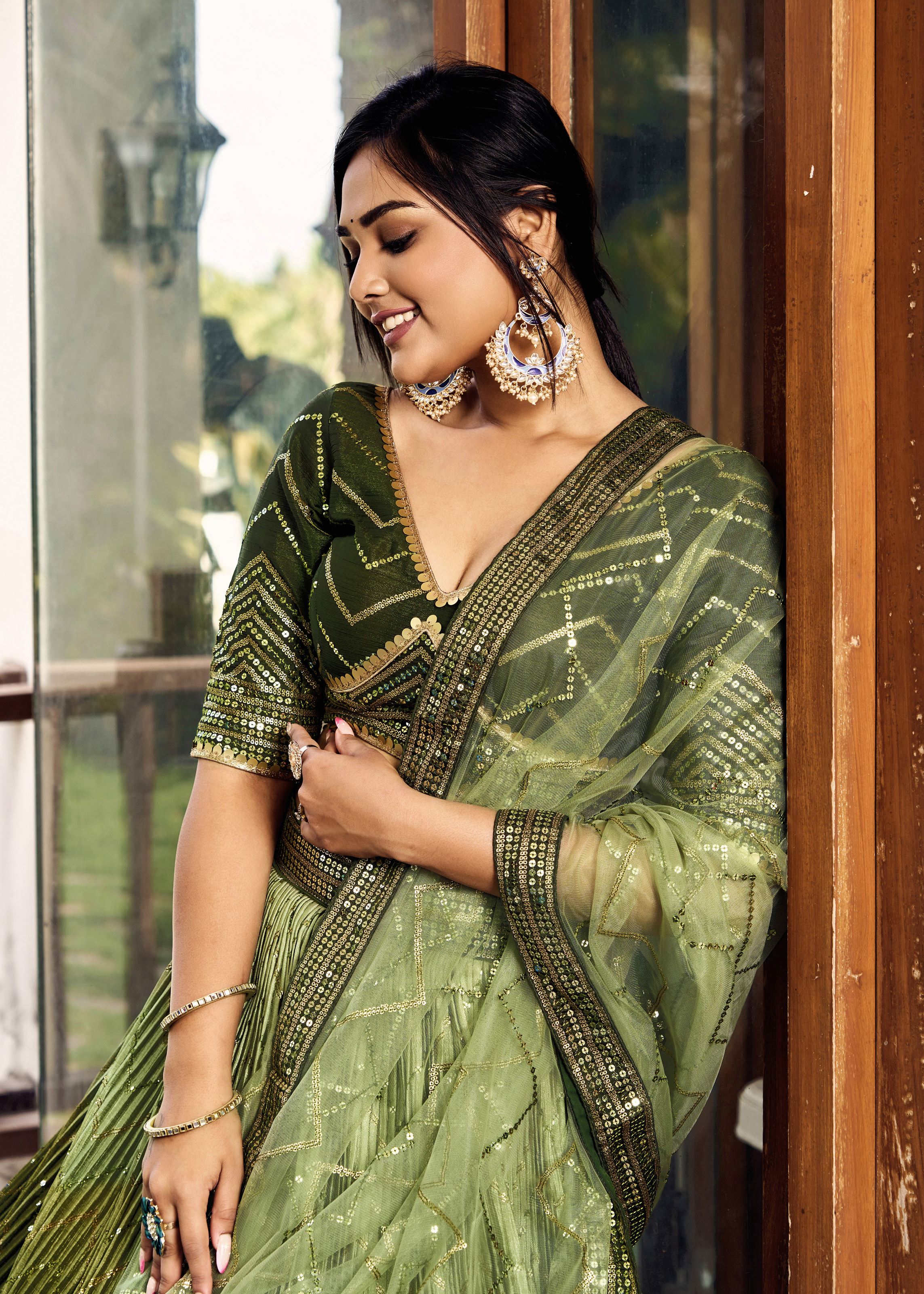 Green Chinon Lehenga Choli With Sequins, Thread Embroidery Work