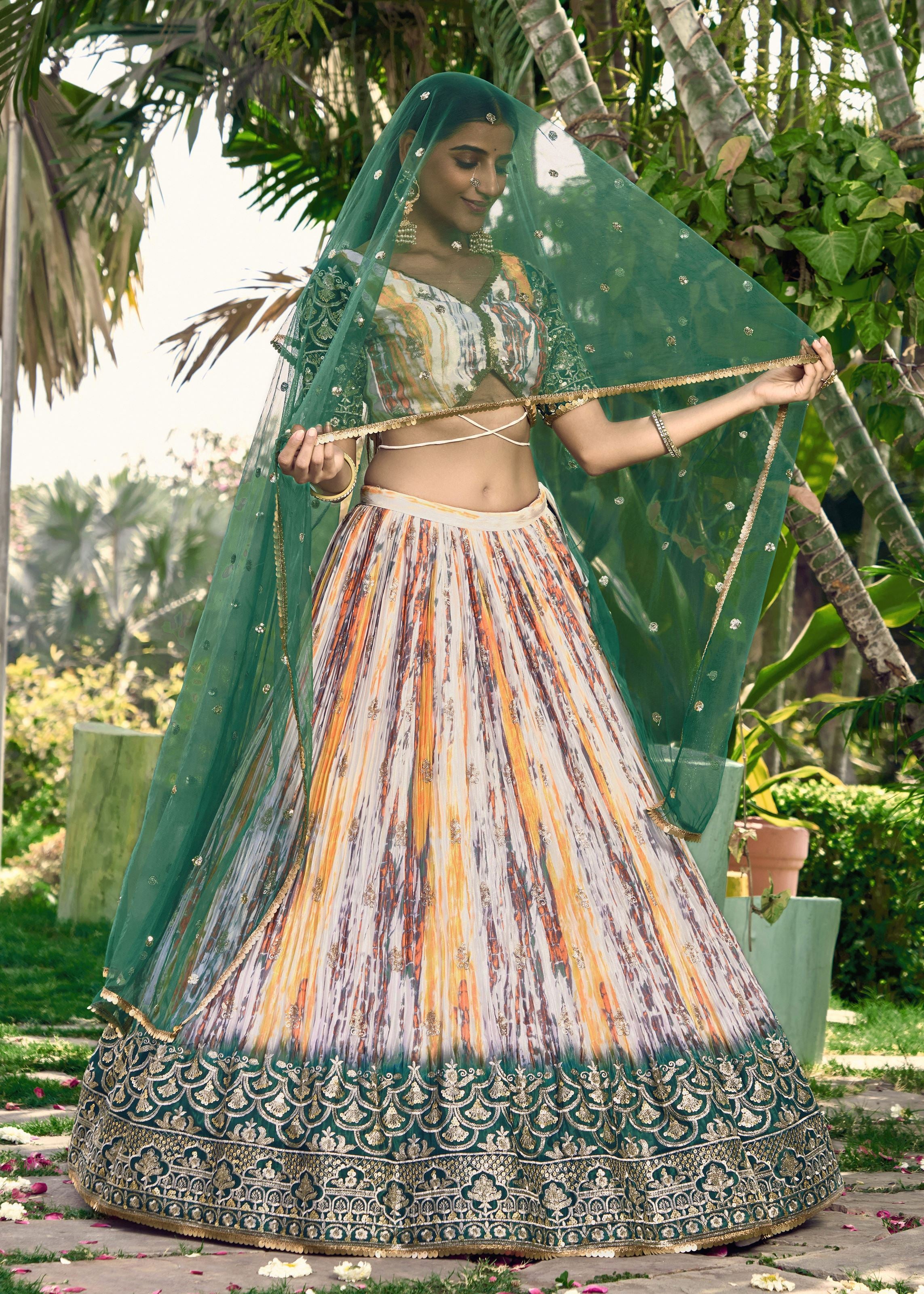 Green Chinon Lehenga Choli With Sequins, Zari Embroidery Work with Digital Print
