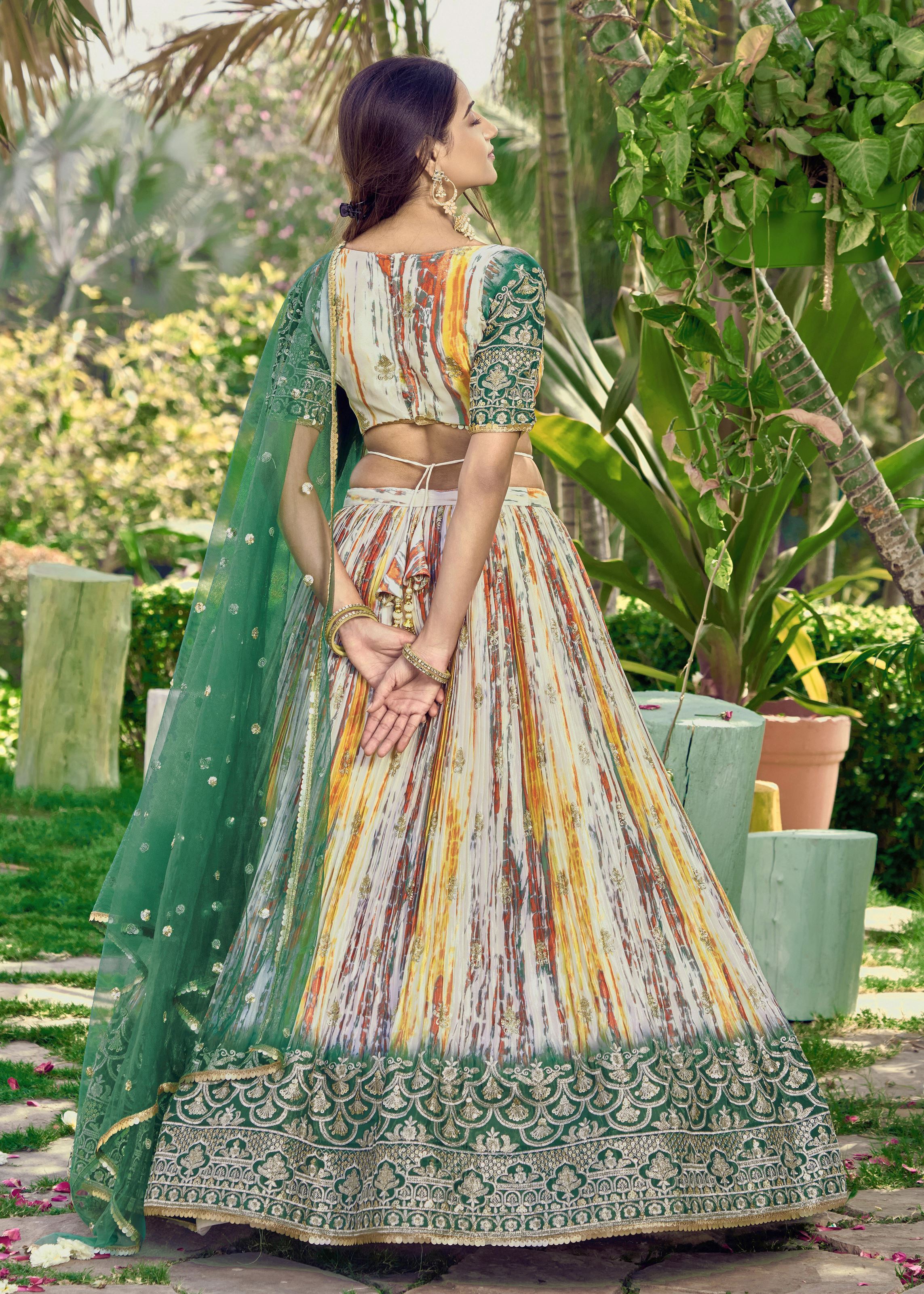 Green Chinon Lehenga Choli With Sequins, Zari Embroidery Work with Digital Print
