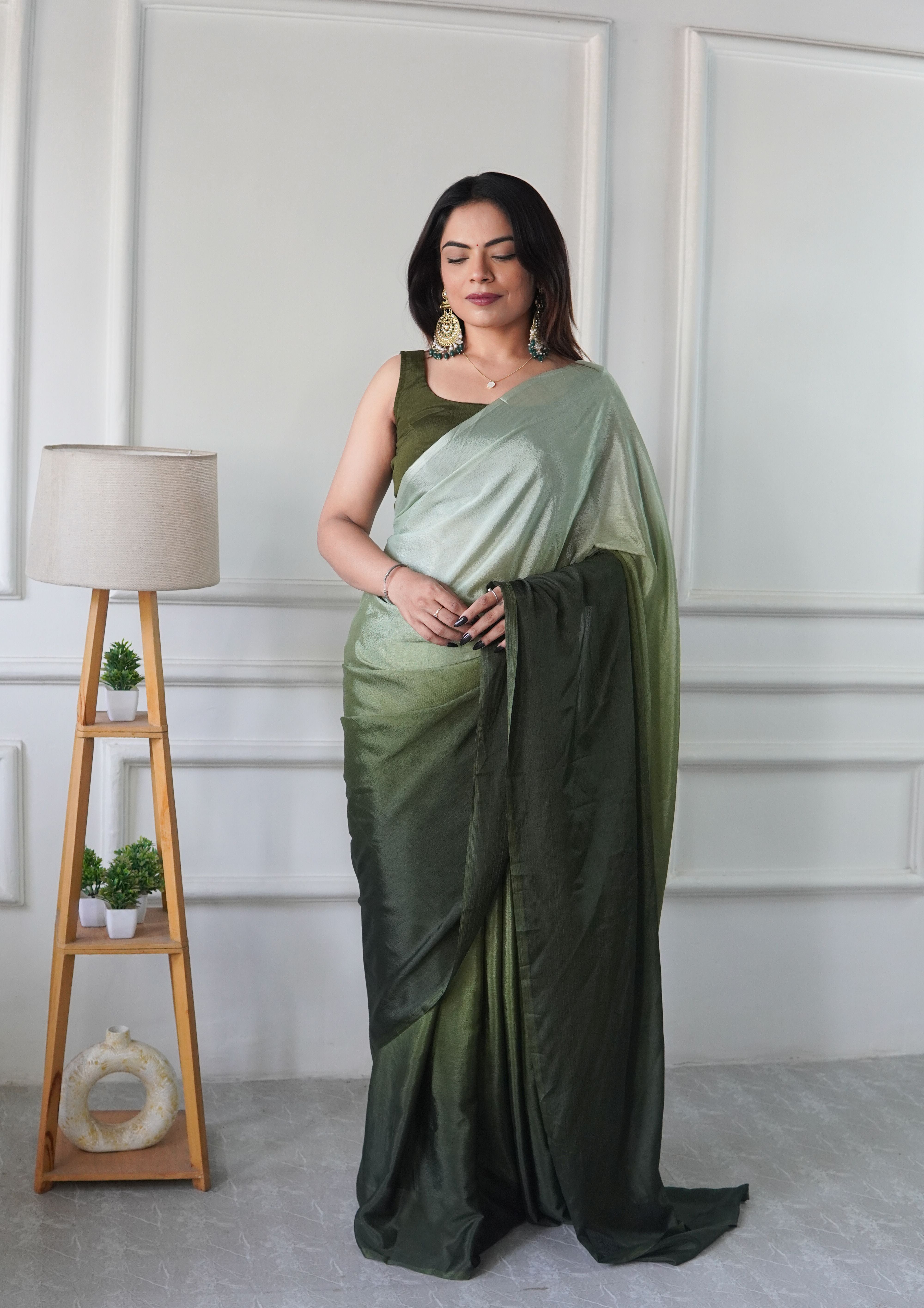 Green Chinon Pedding Solid Designer Ready To Wear Saree
