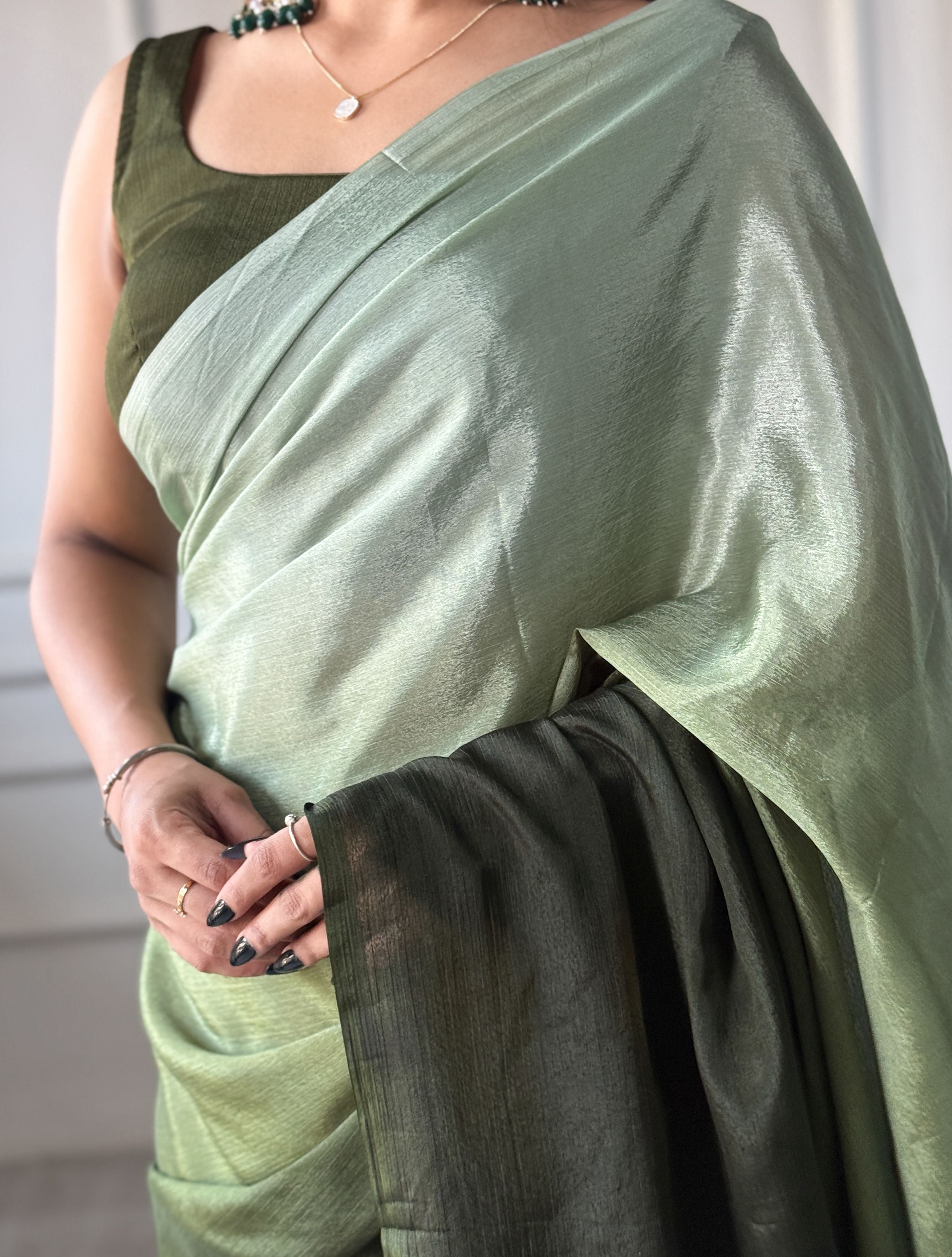 Green Chinon Pedding Solid Designer Ready To Wear Saree