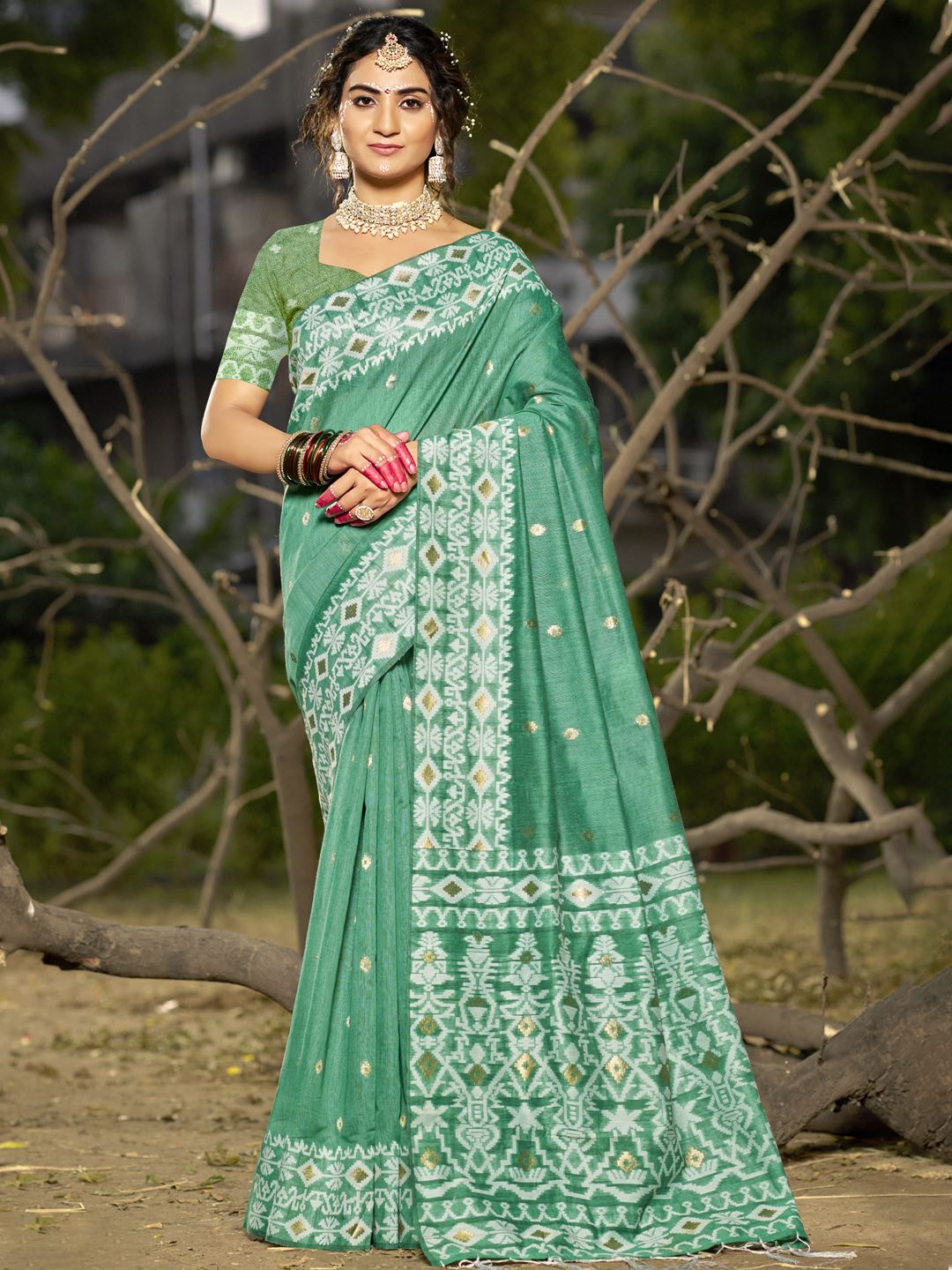 Green Color Blended Linen Cotton Saree