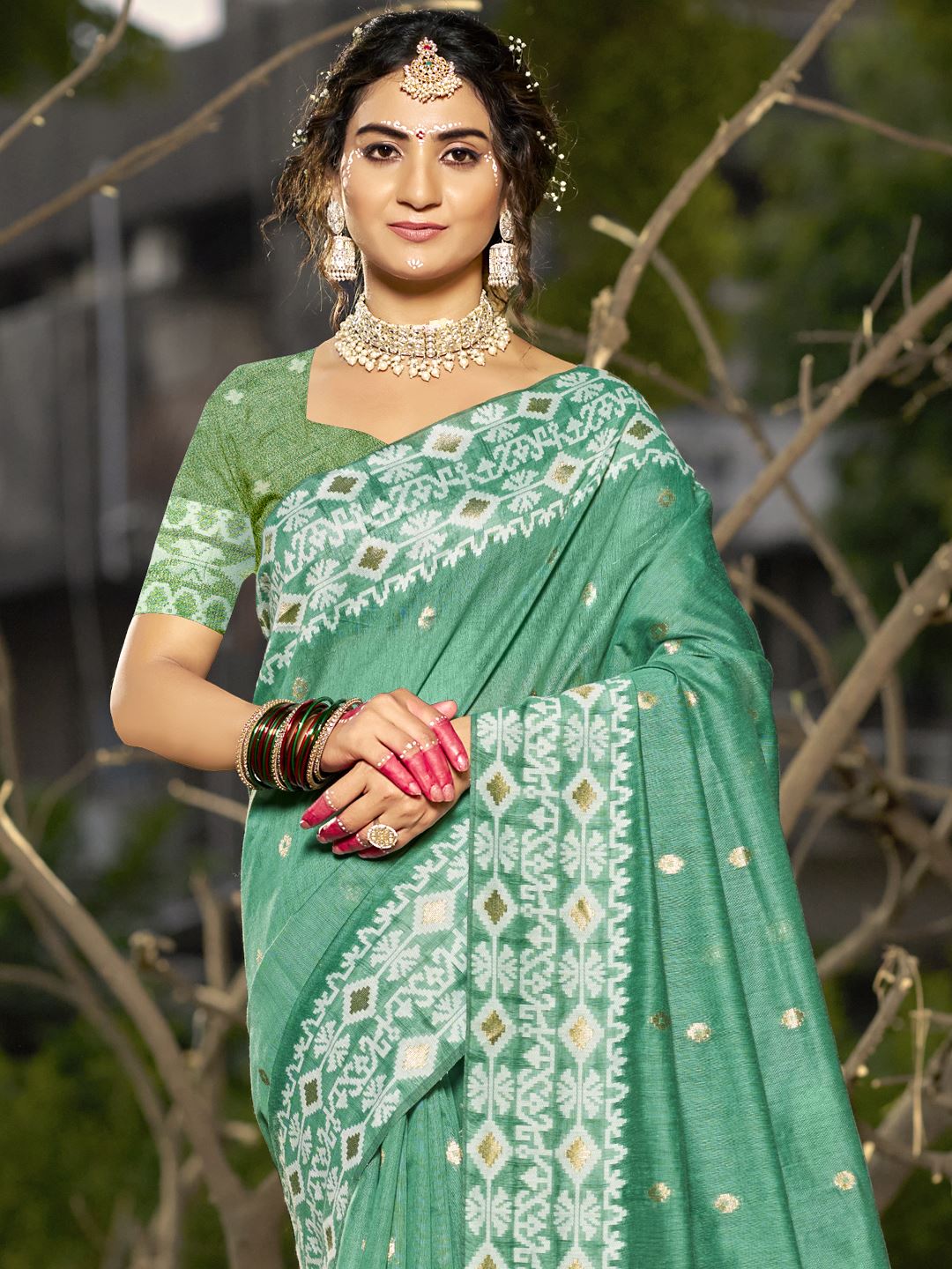Green Color Blended Linen Cotton Saree