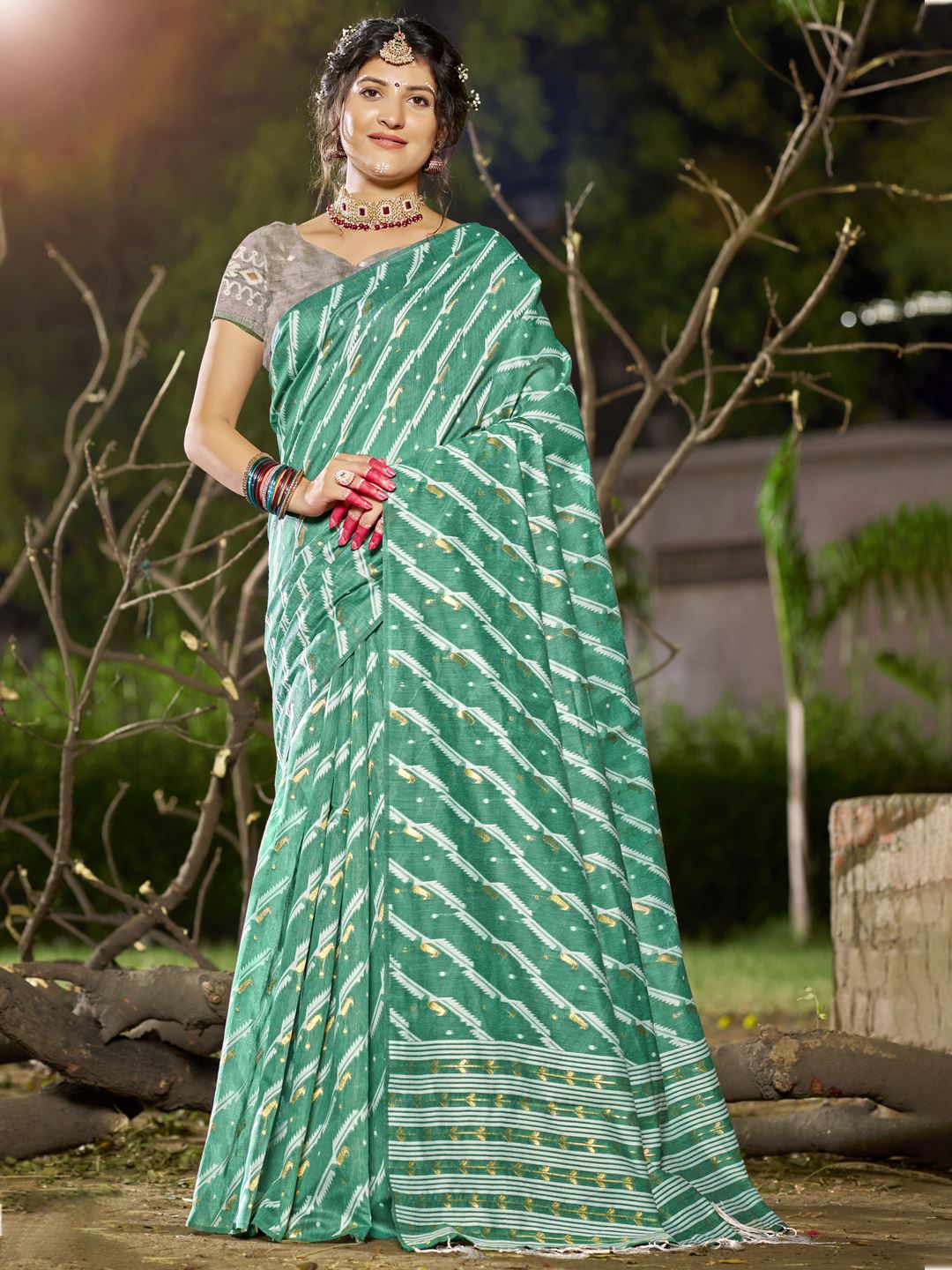 Green Color Leheriya Print Linen Cotton Saree