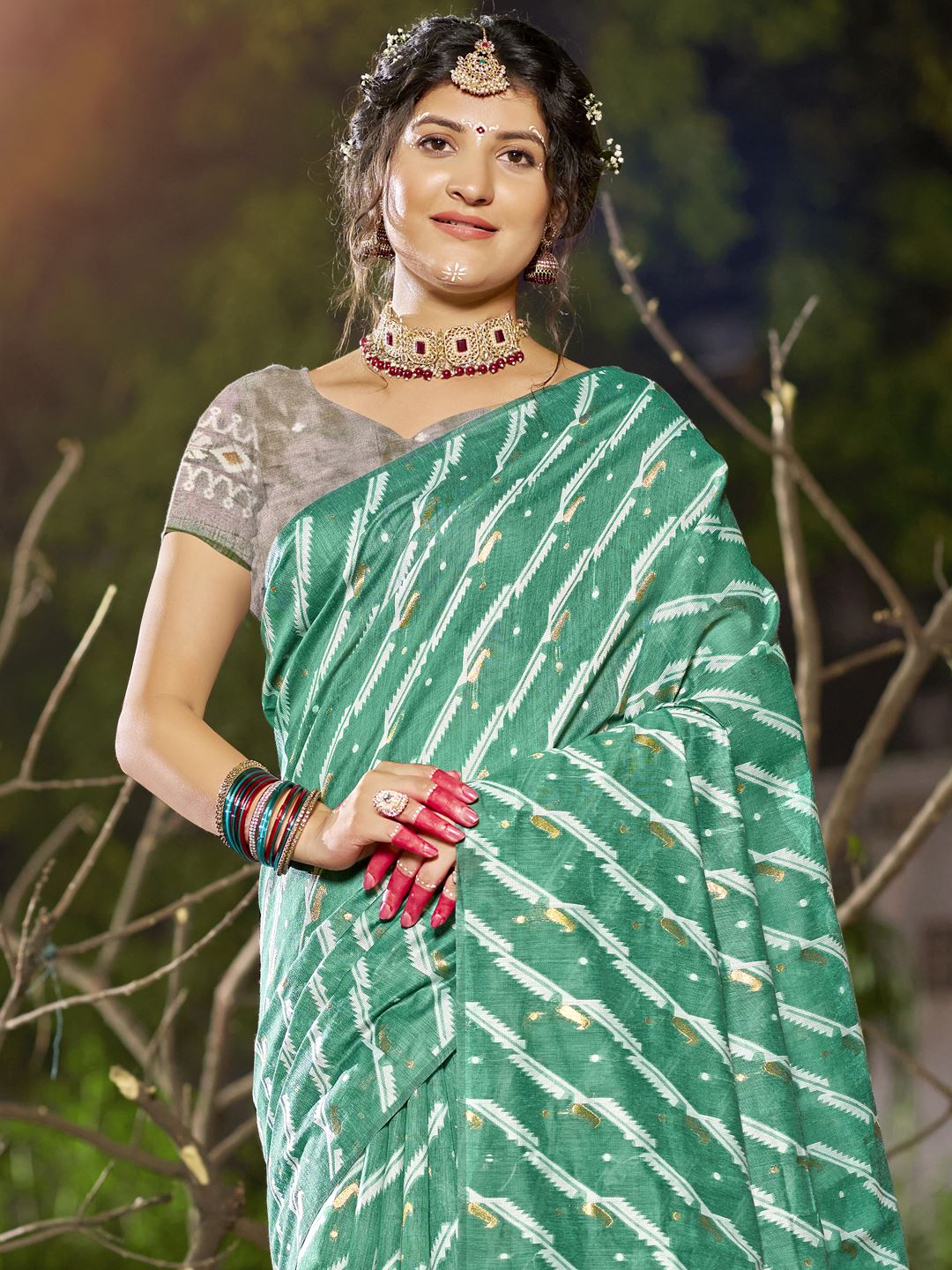 Green Color Leheriya Print Linen Cotton Saree