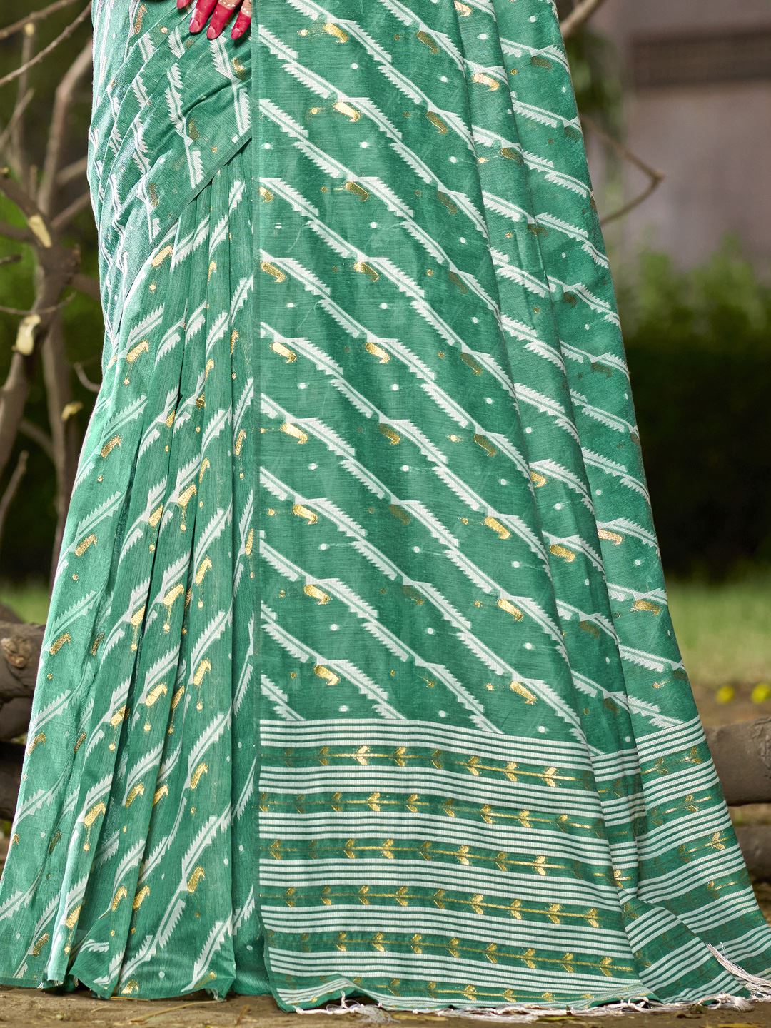 Green Color Leheriya Print Linen Cotton Saree