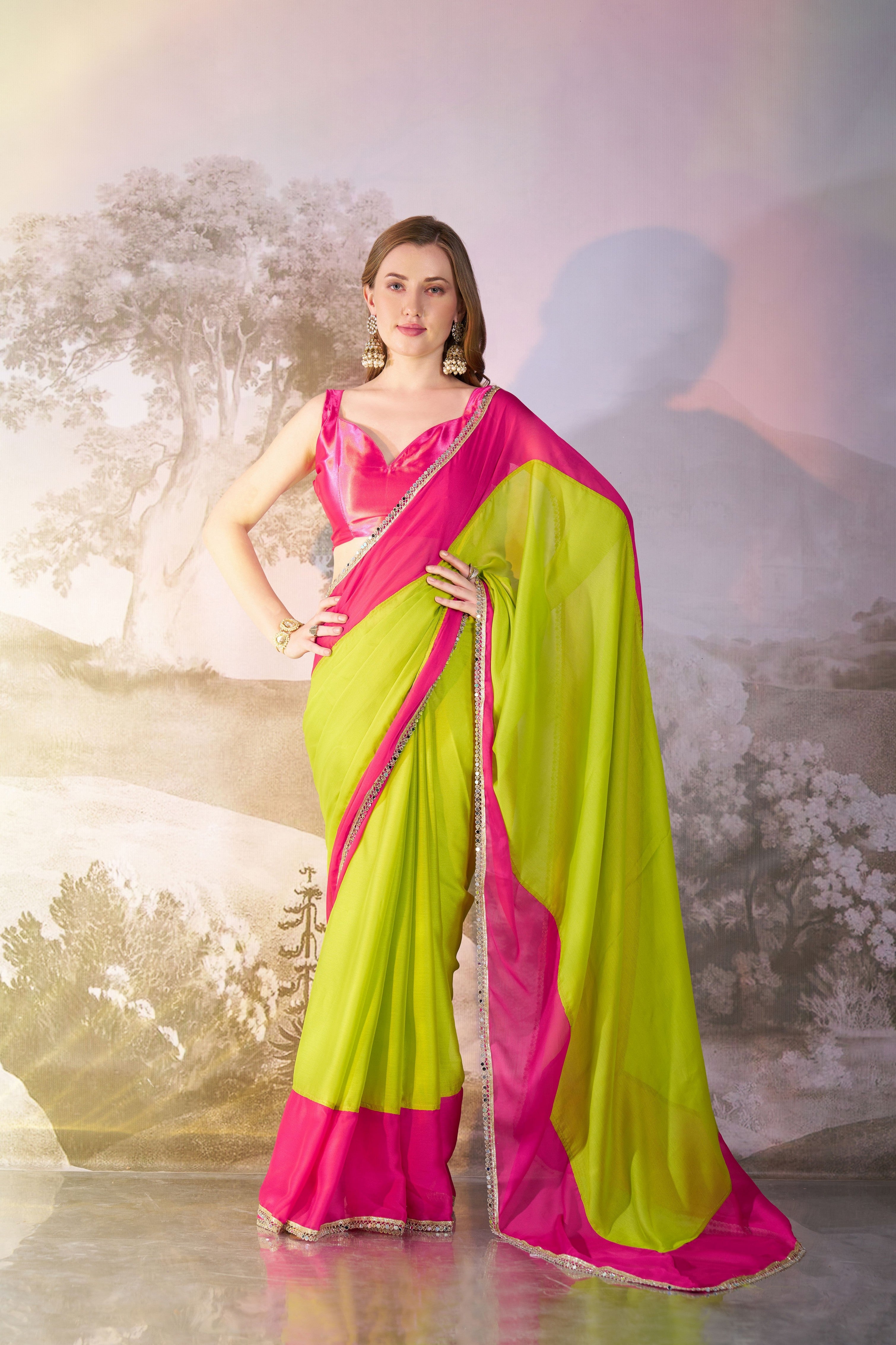 Green Colour Bollywood Style Chiffon Girlie Saree