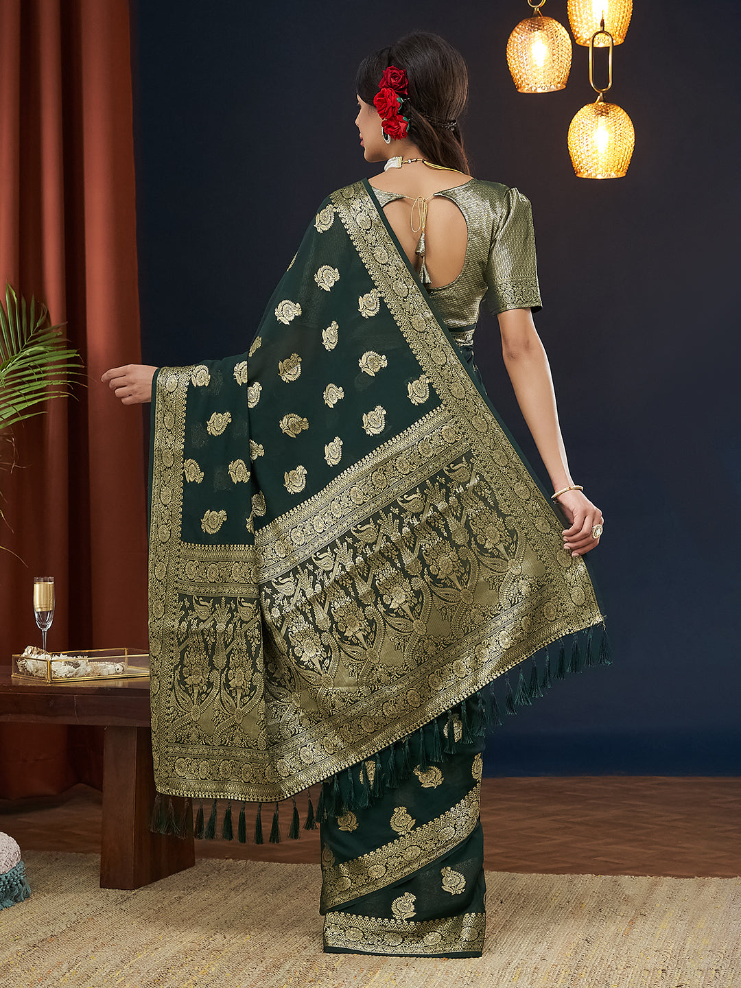 Green Colour Georgette Designer Zari Woven Saree For Partywear Looks