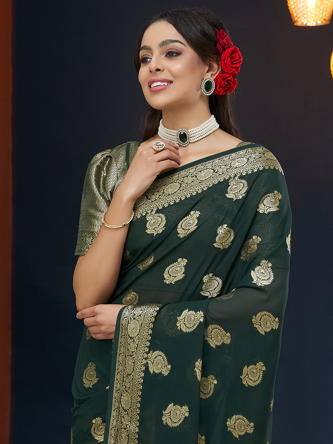 Green Colour Georgette Designer Zari Woven Saree For Partywear Looks