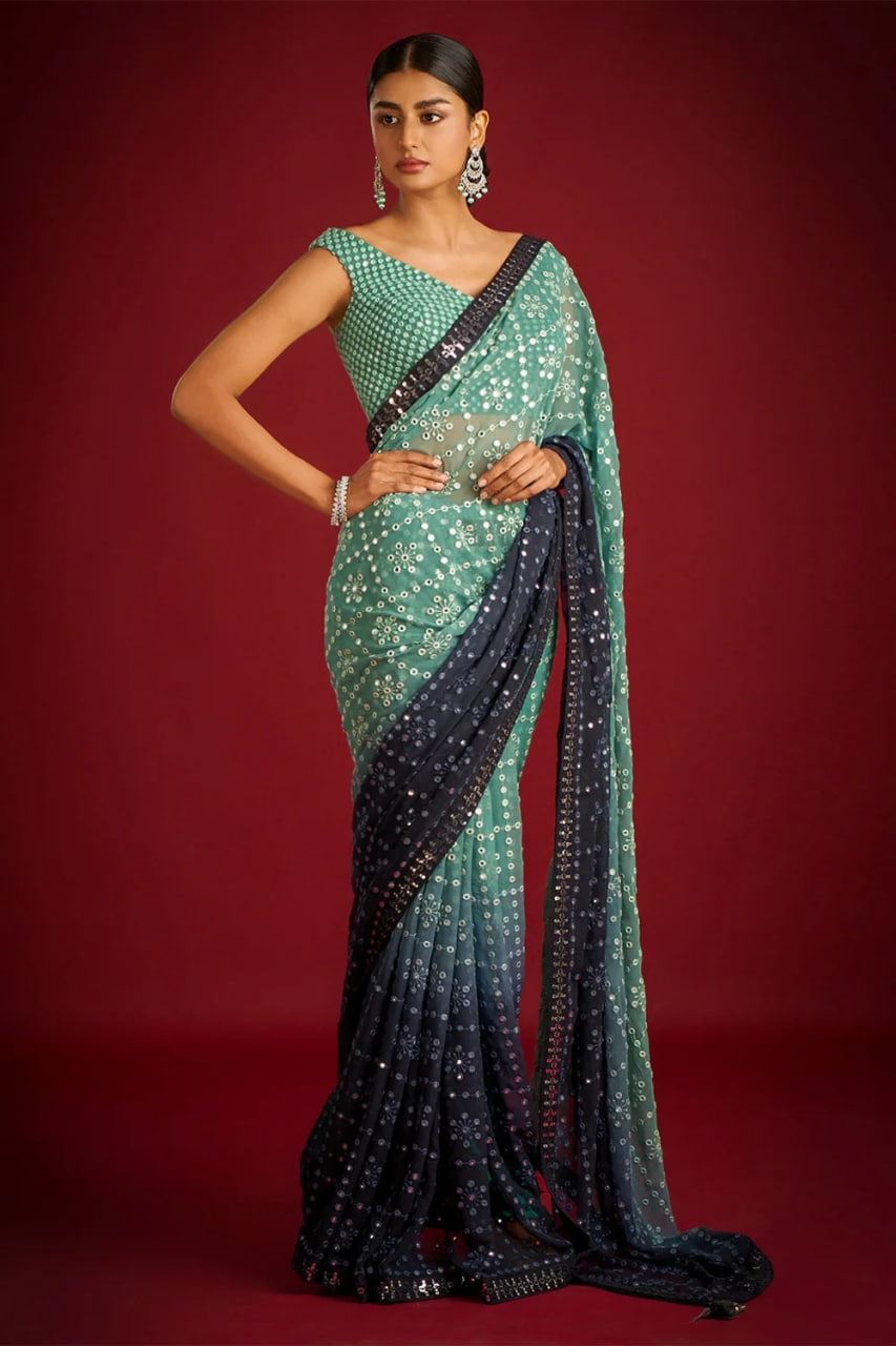 Green Colour Georgette Embroidery Work Saree