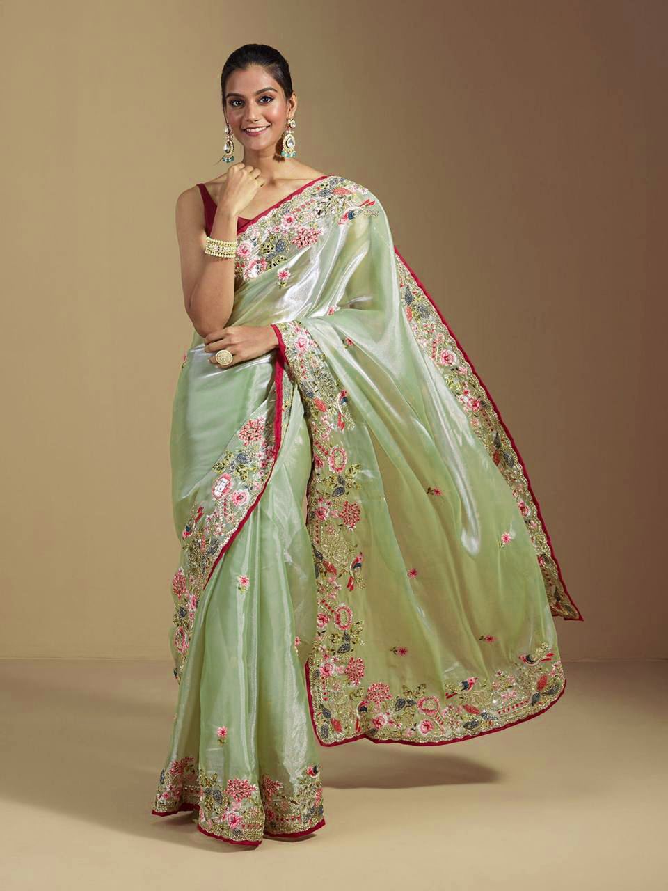 Green Colour Organza Silk Heavy Work Saree