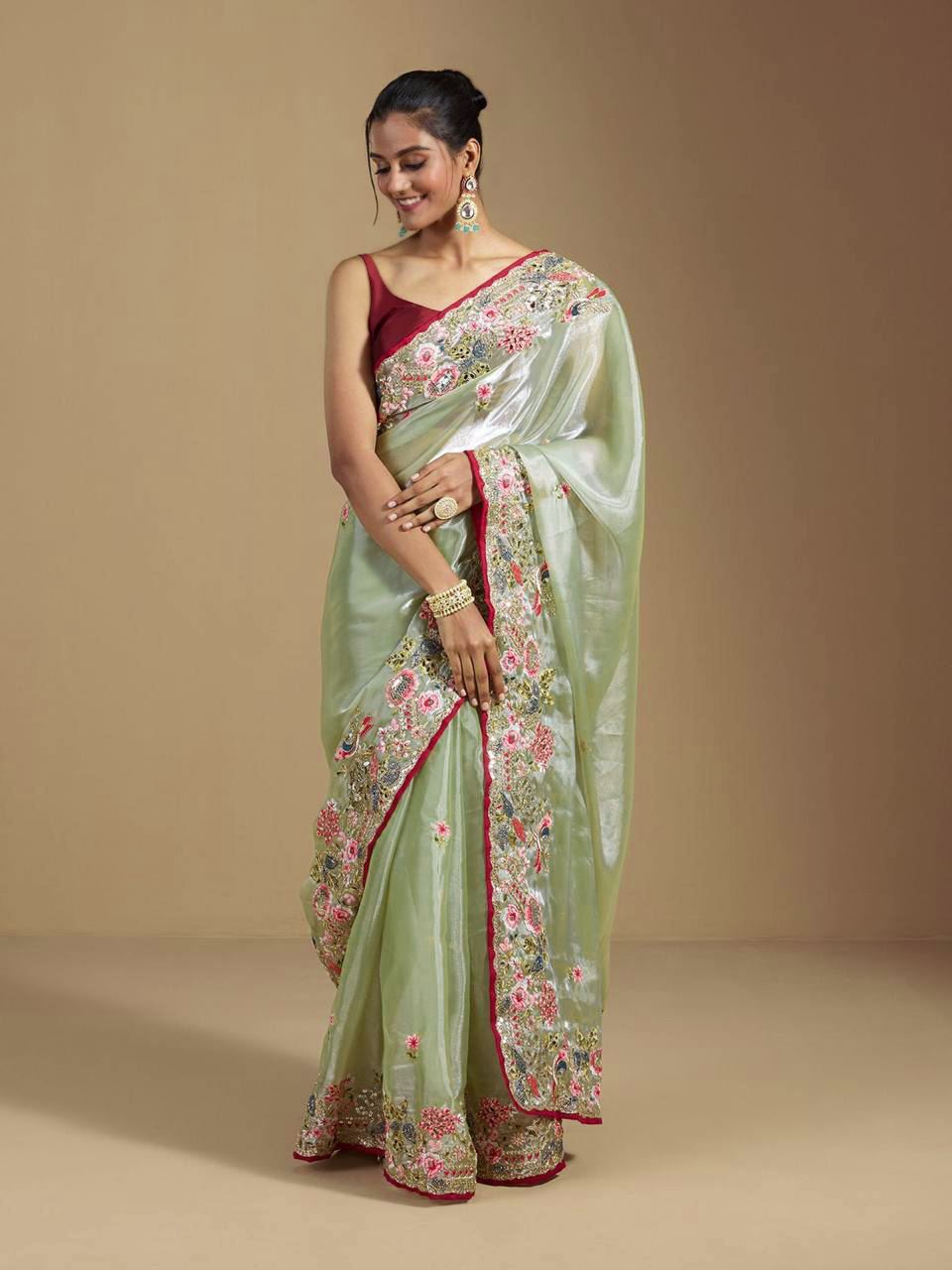 Green Colour Organza Silk Heavy Work Saree