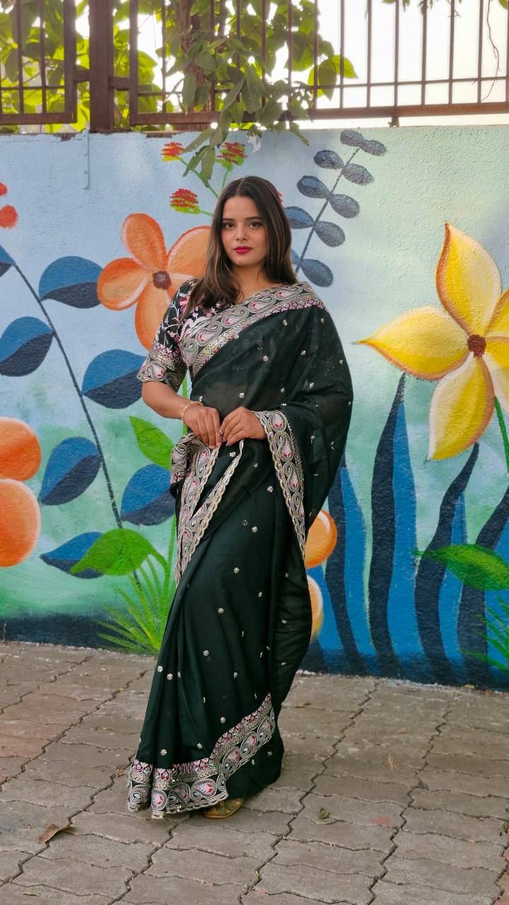 Green Colour Taby Silk Embroidery Work Saree